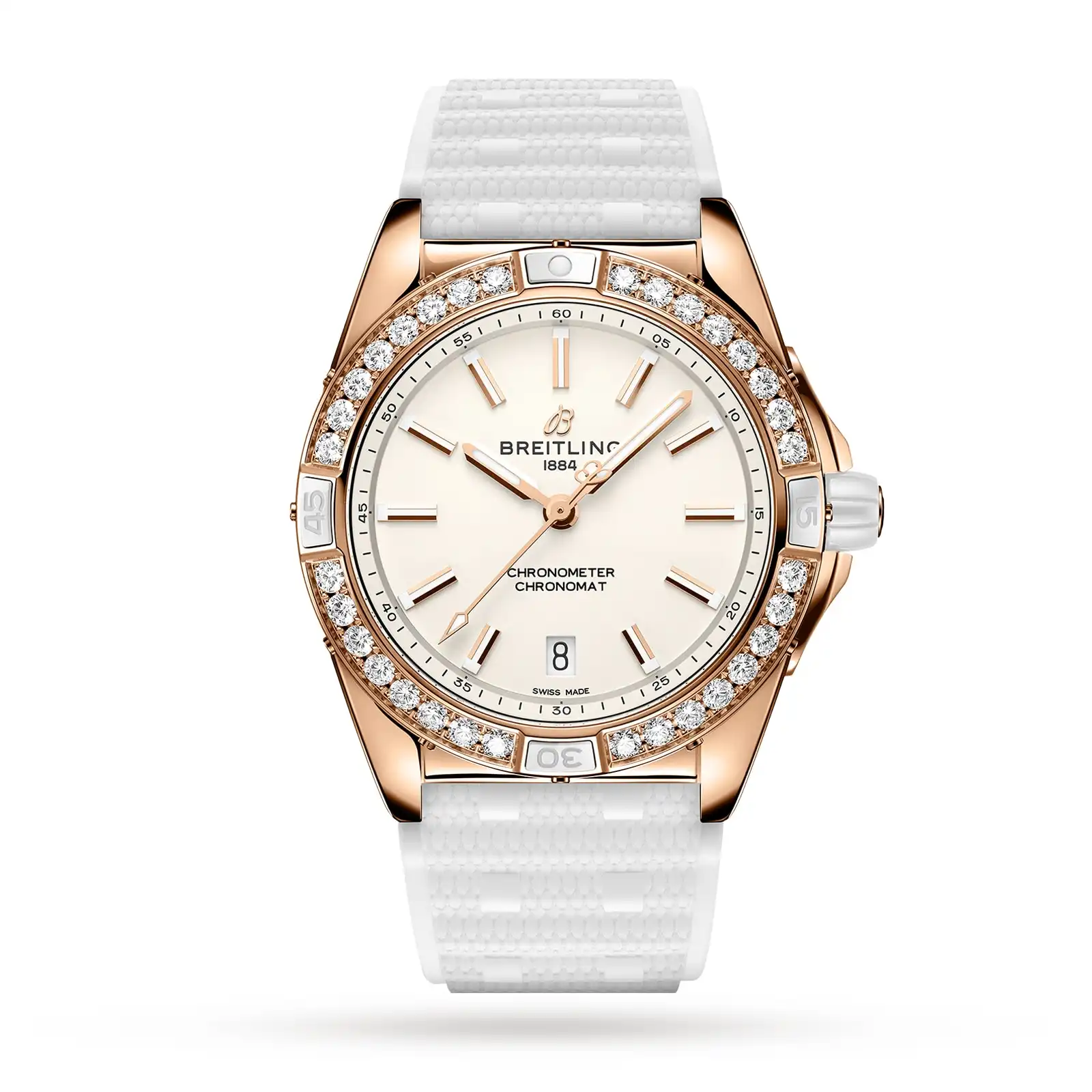 Replica Breitling Super Chronomat Automatic 38 Origins White 18ct Rose Gold Rubber Strap R17356531G1S1