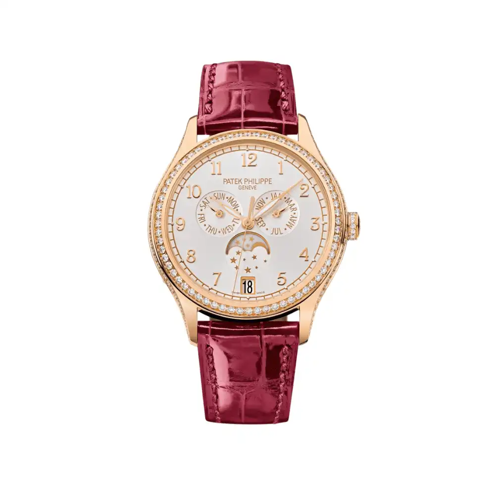 Replica Patek Philippe Complications 4947R-001 Annual Calendar Moon Phases Rose Gold Diamond Bezel White Dial