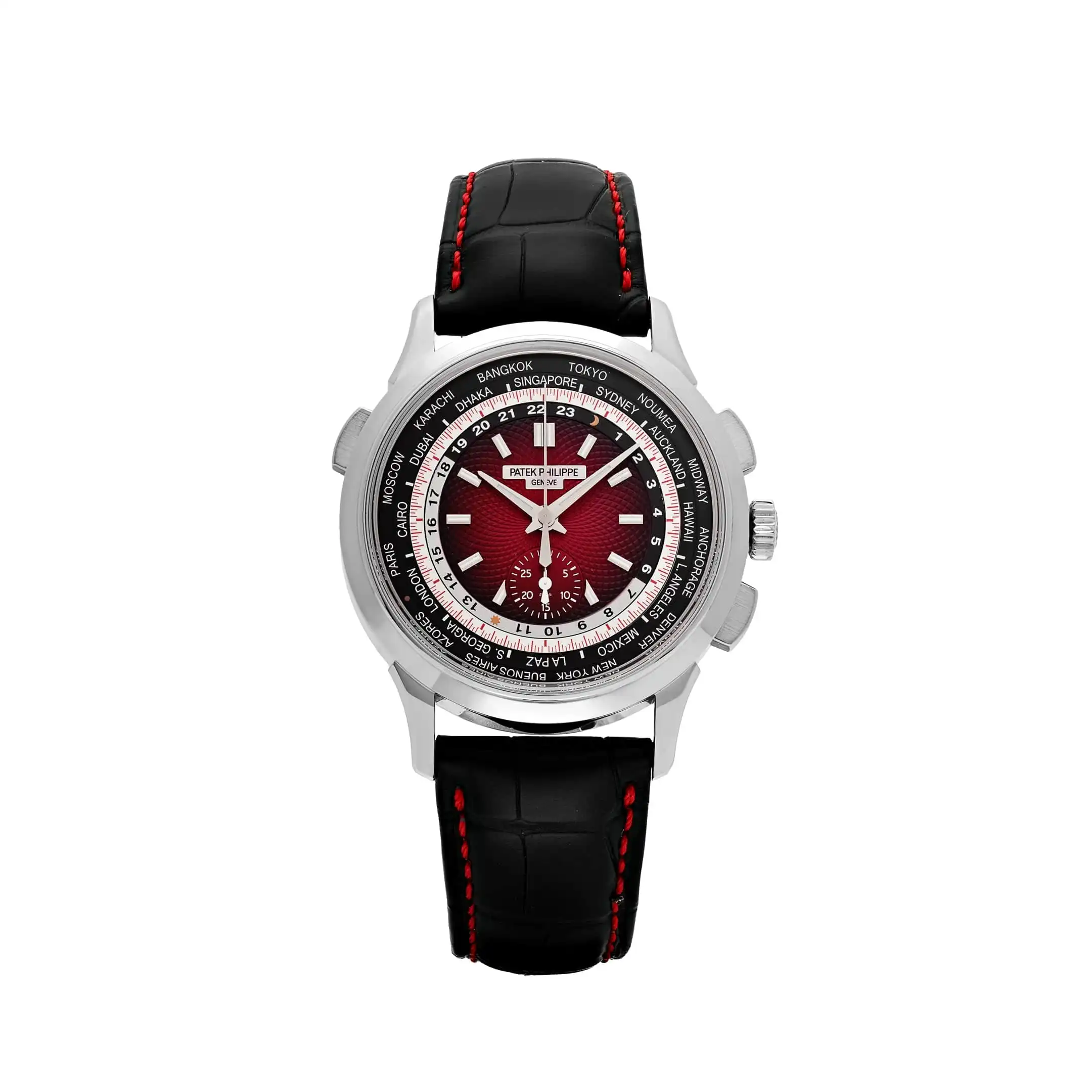 Replica Patek Philippe Complications 5930G-011 ingapore Edition World Time Flyback Chronograph White Gold Red Dial