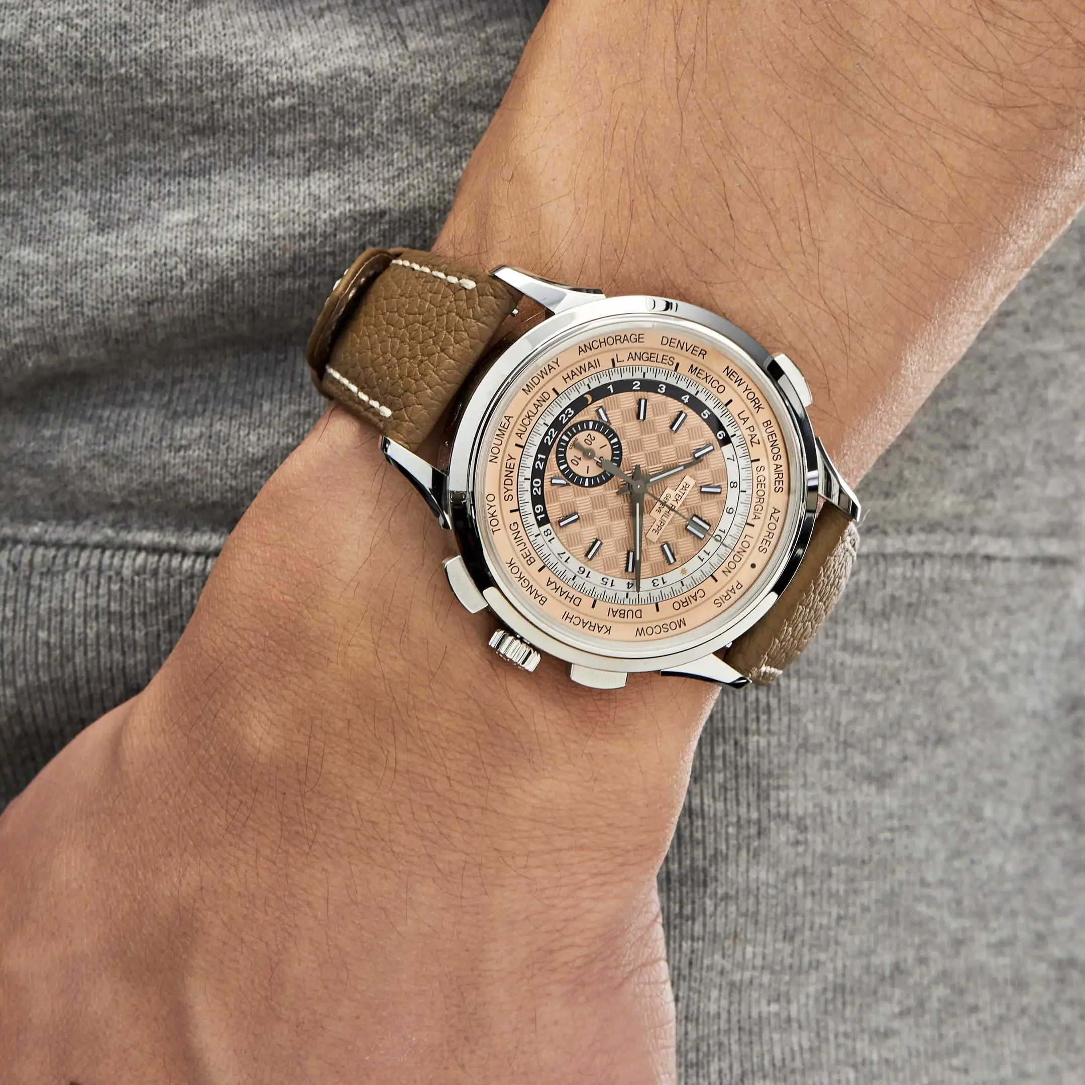 Replica Patek Philippe Complications 5935A-001 World Time Chronograph Steel Opaline Carbon Motif Dial - Image 2