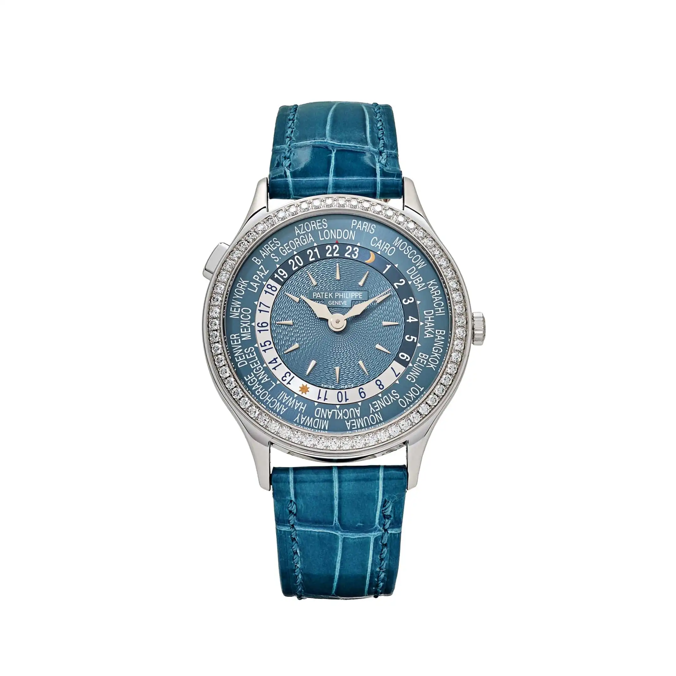 Replica Patek Philippe Complications 7130G-016 Ladies World Time l White Gold Gray-Blue Dial Diamond Bezel