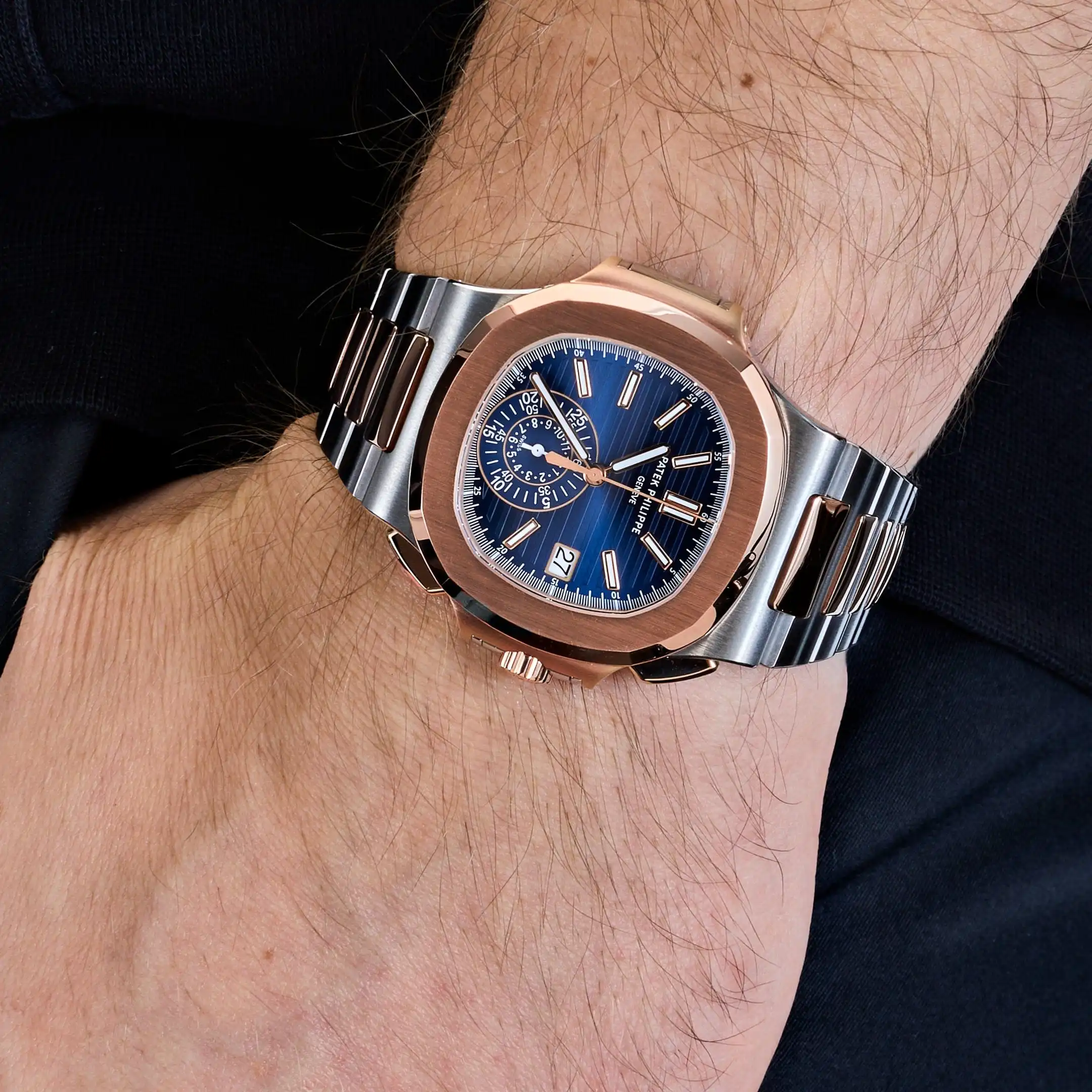 Replica Patek Philippe Nautilus 5980/1AR-001 Chronograph Stainless Steel Rose Gold Blue Dial - Image 2