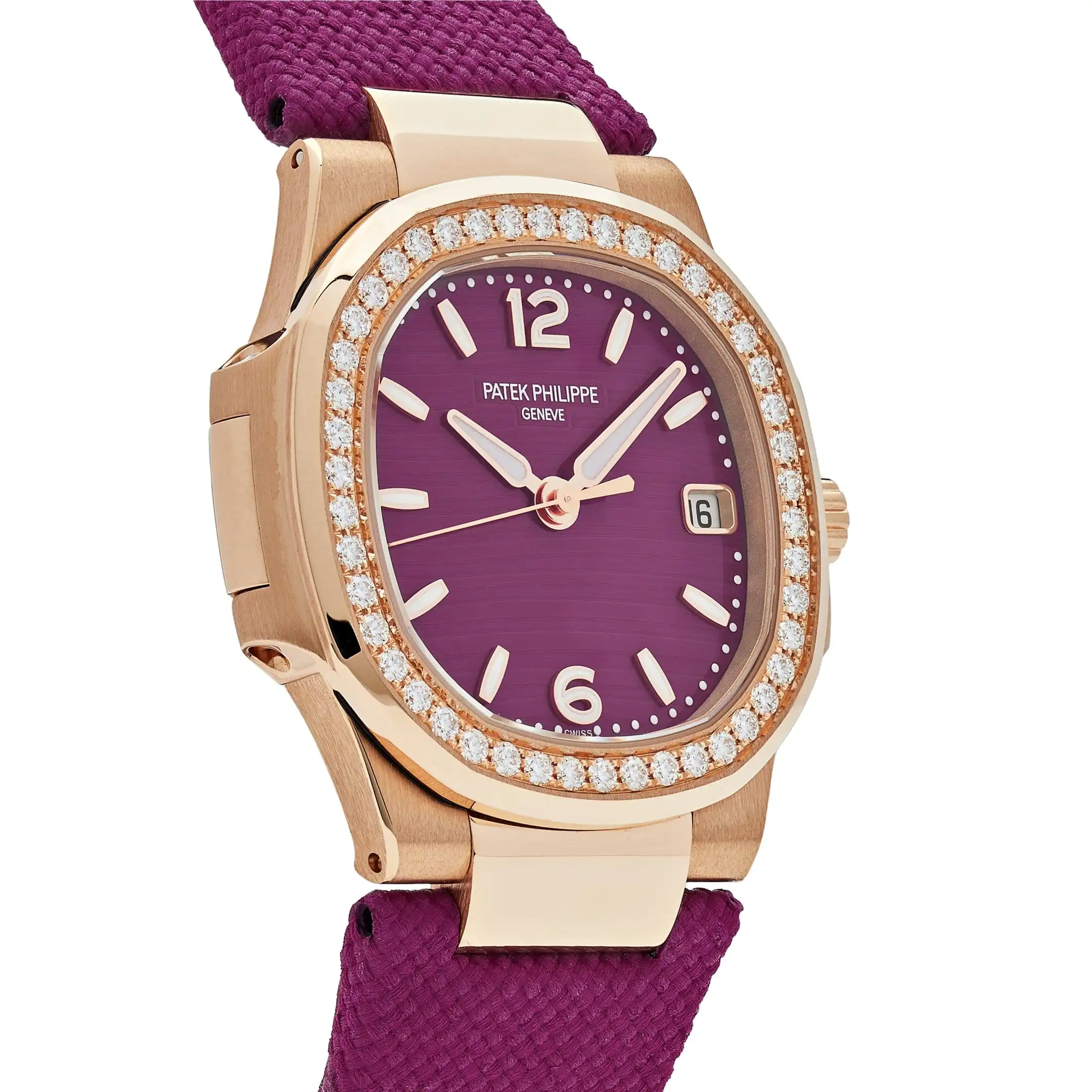 Replica Patek Philippe Nautilus 7010R-013 ‘Ladies’ Rose Gold Purple Dial Diamond Bezel - Image 4