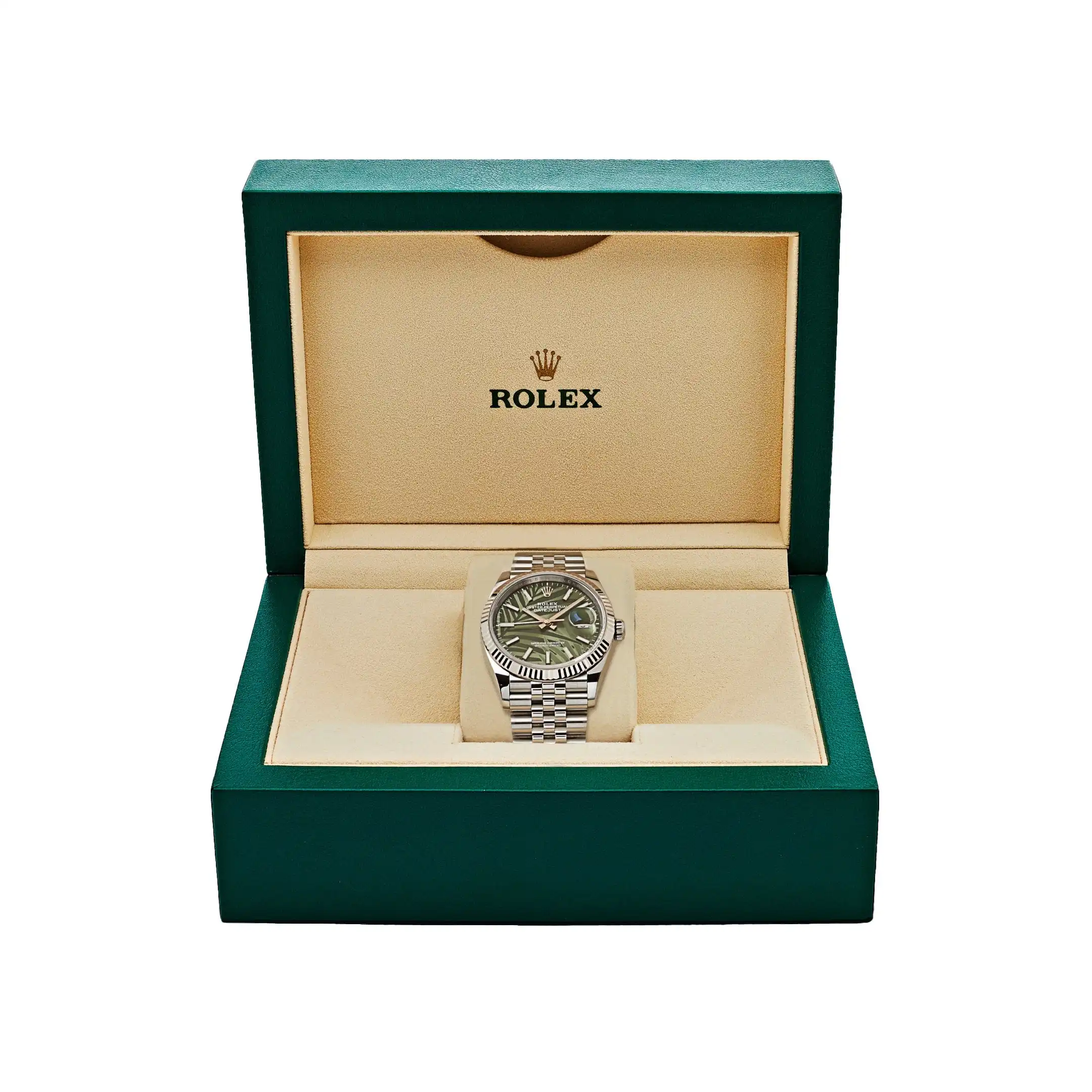 Rolex Datejust Replica 126234 White Gold Stainless Steel Olive Green Palm Moti - Image 9