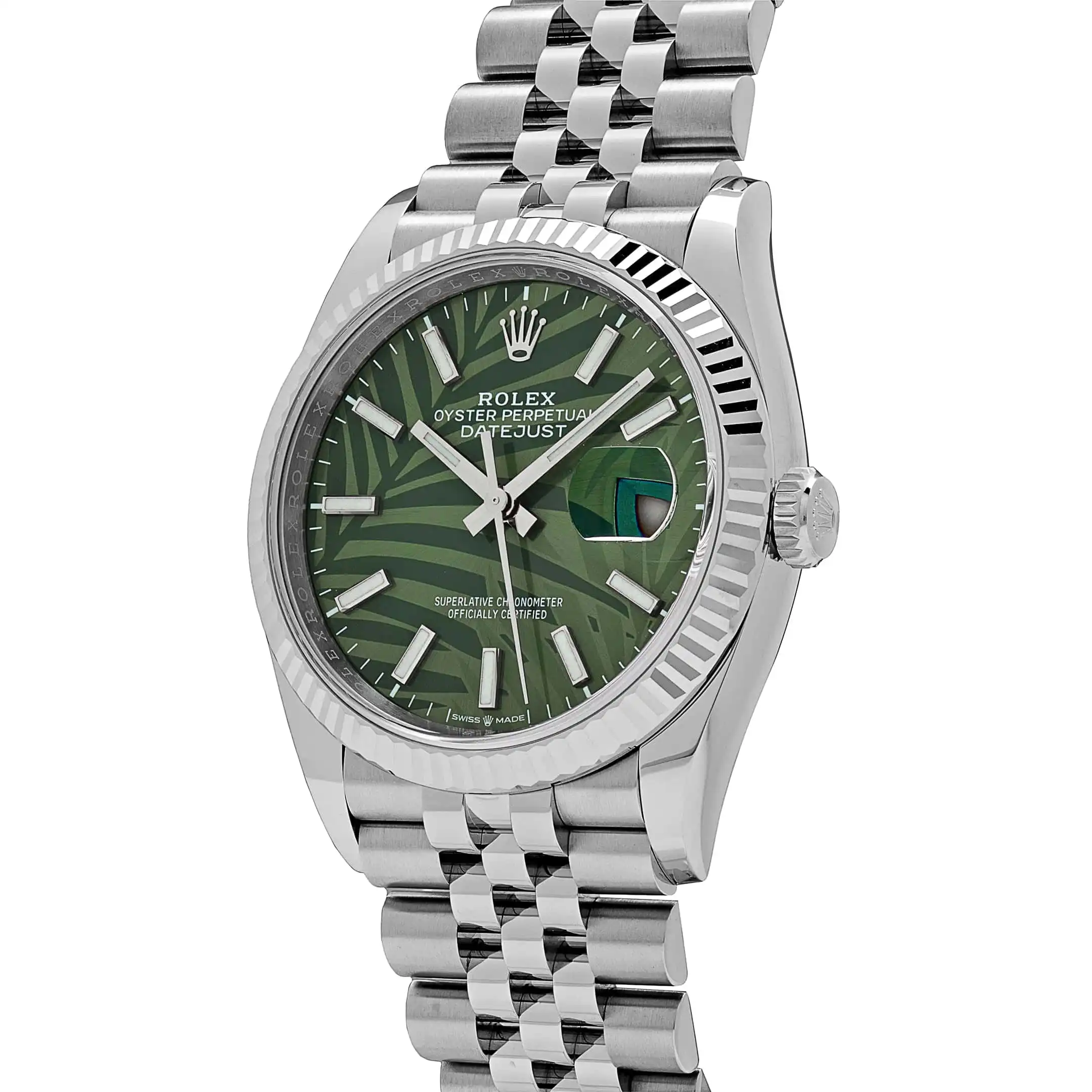 Rolex Datejust Replica 126234 White Gold Stainless Steel Olive Green Palm Moti - Image 5