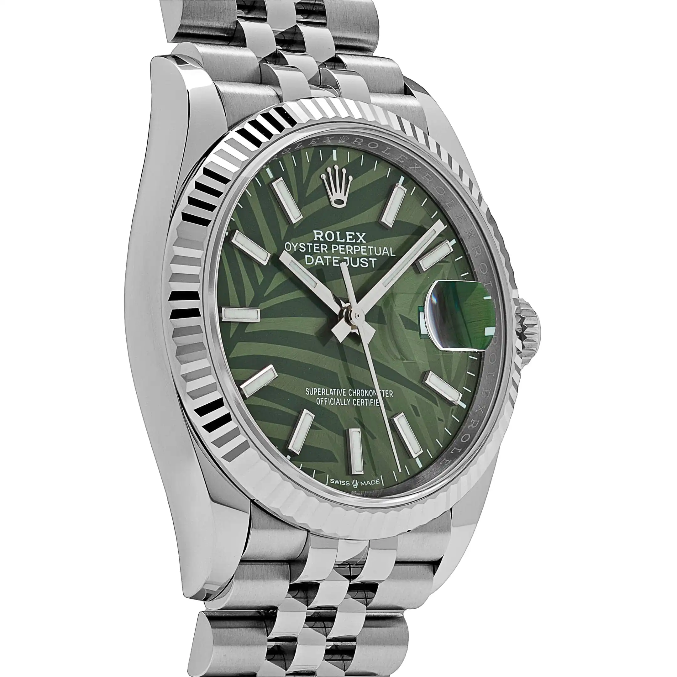 Rolex Datejust Replica 126234 White Gold Stainless Steel Olive Green Palm Moti - Image 4