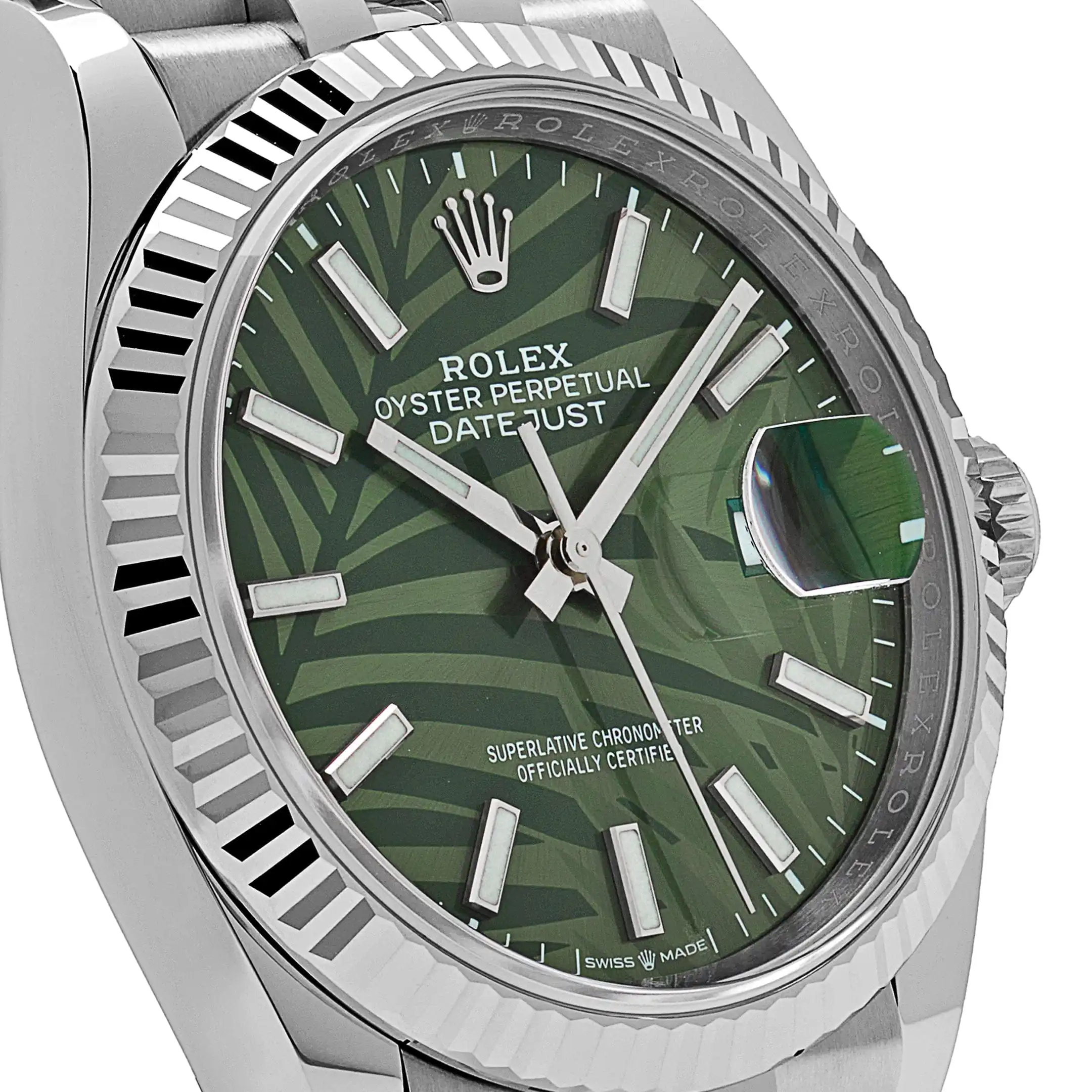 Rolex Datejust Replica 126234 White Gold Stainless Steel Olive Green Palm Moti - Image 6