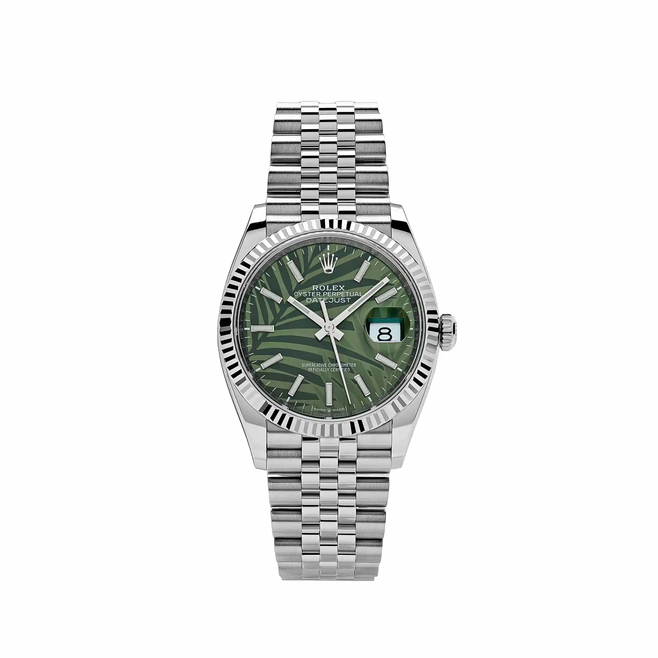 Rolex Datejust Replica 126234 White Gold Stainless Steel Olive Green Palm Moti