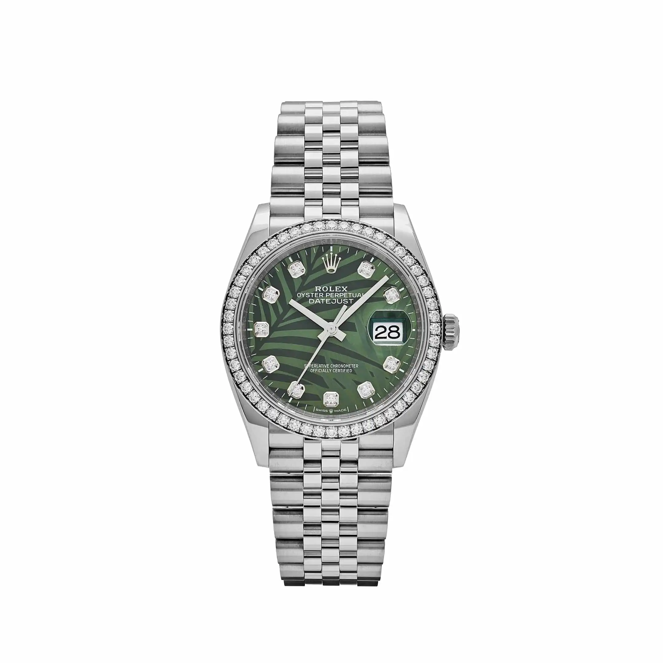 Rolex Datejust Replica 126284RBR Stainless Steel Green Palm Frond Diamond Dial
