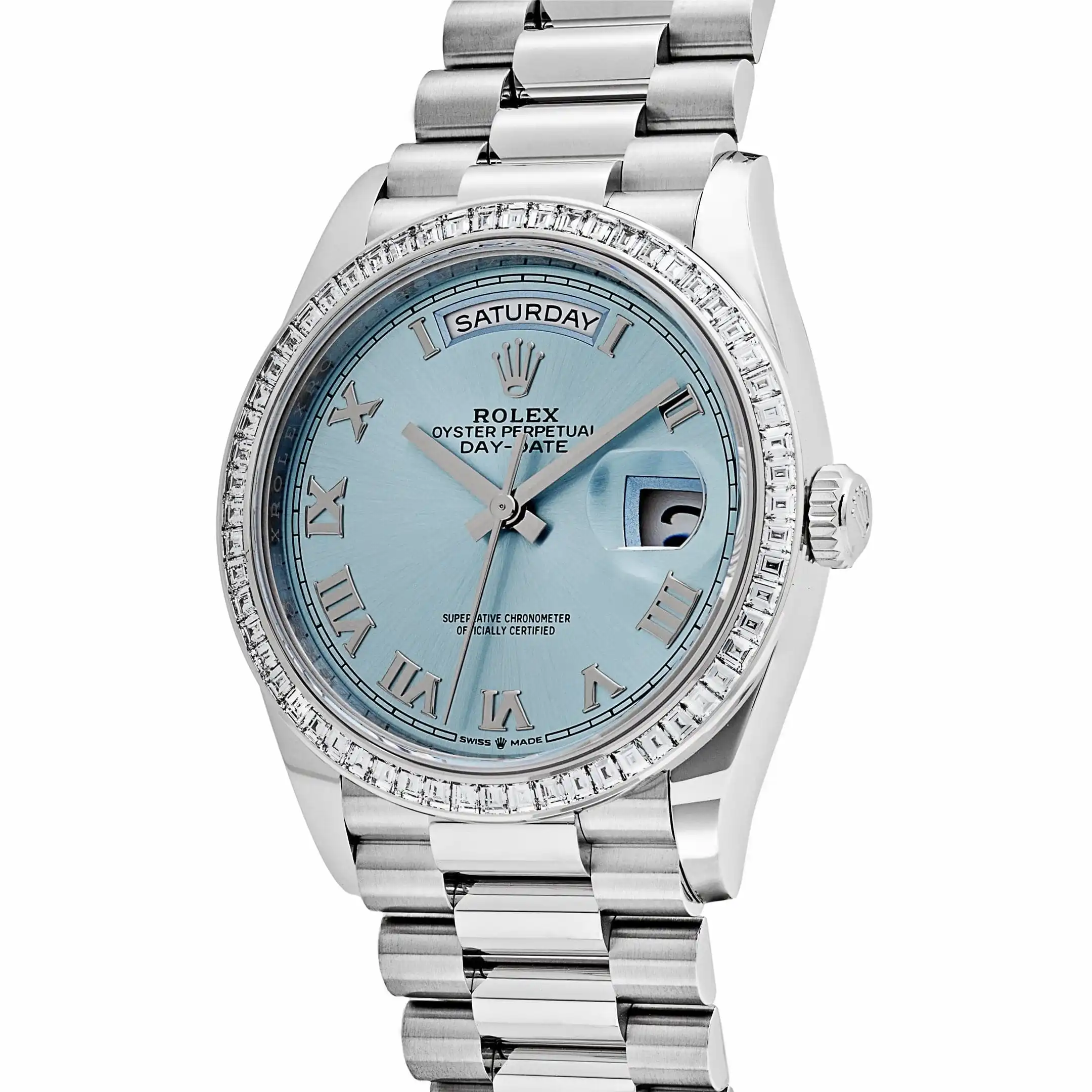 Replica Rolex Day-Date 128396TBR Platinum Ice Blue Dial Diamond Bezel - Image 4