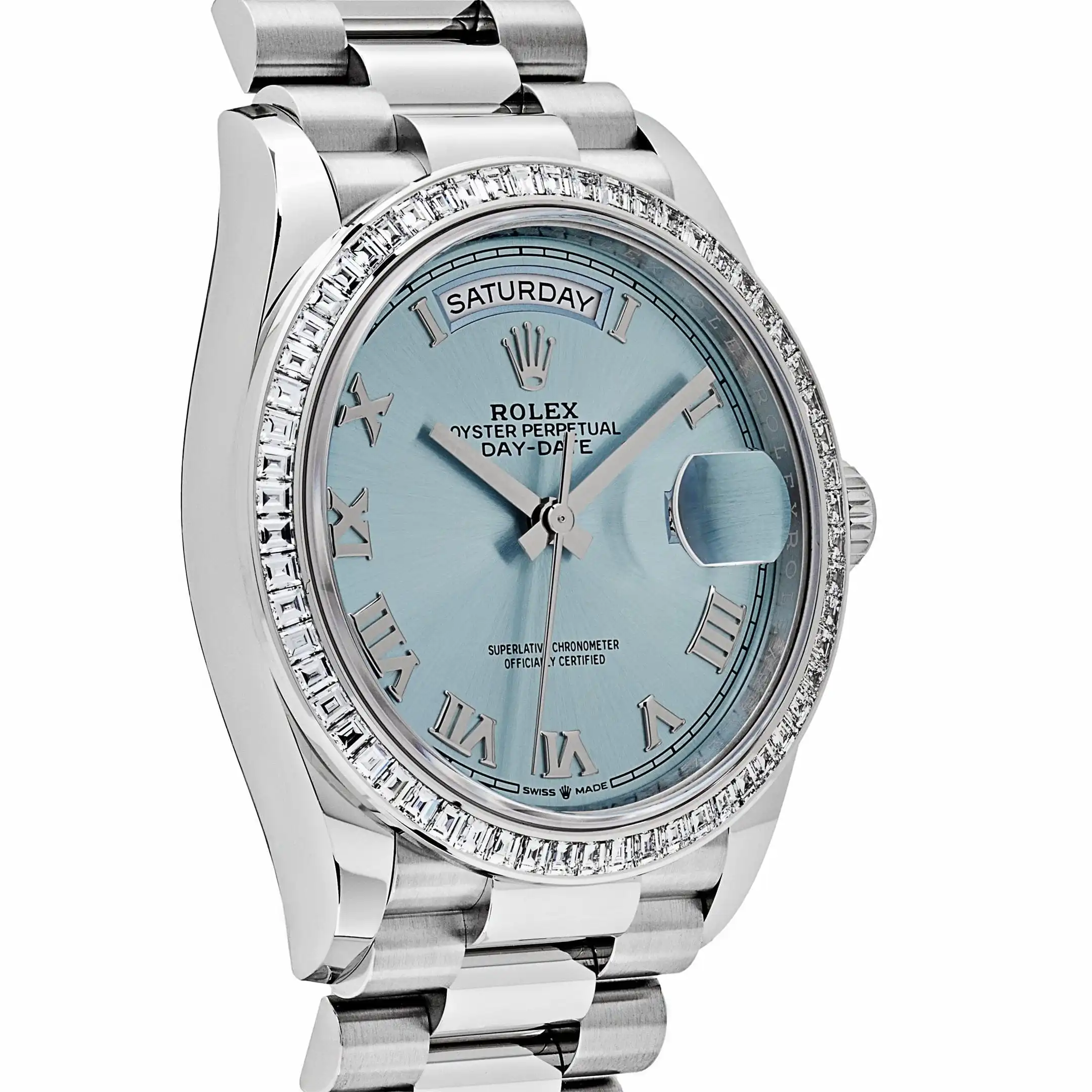 Replica Rolex Day-Date 128396TBR Platinum Ice Blue Dial Diamond Bezel - Image 3