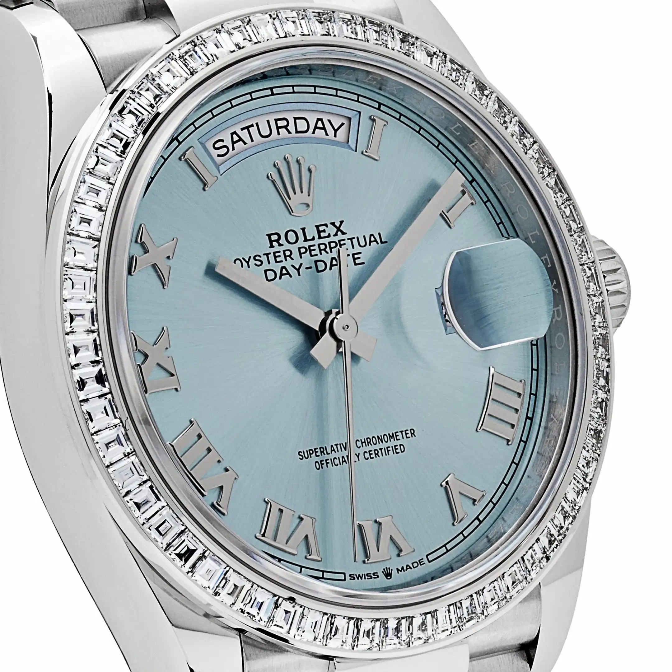 Replica Rolex Day-Date 128396TBR Platinum Ice Blue Dial Diamond Bezel - Image 5