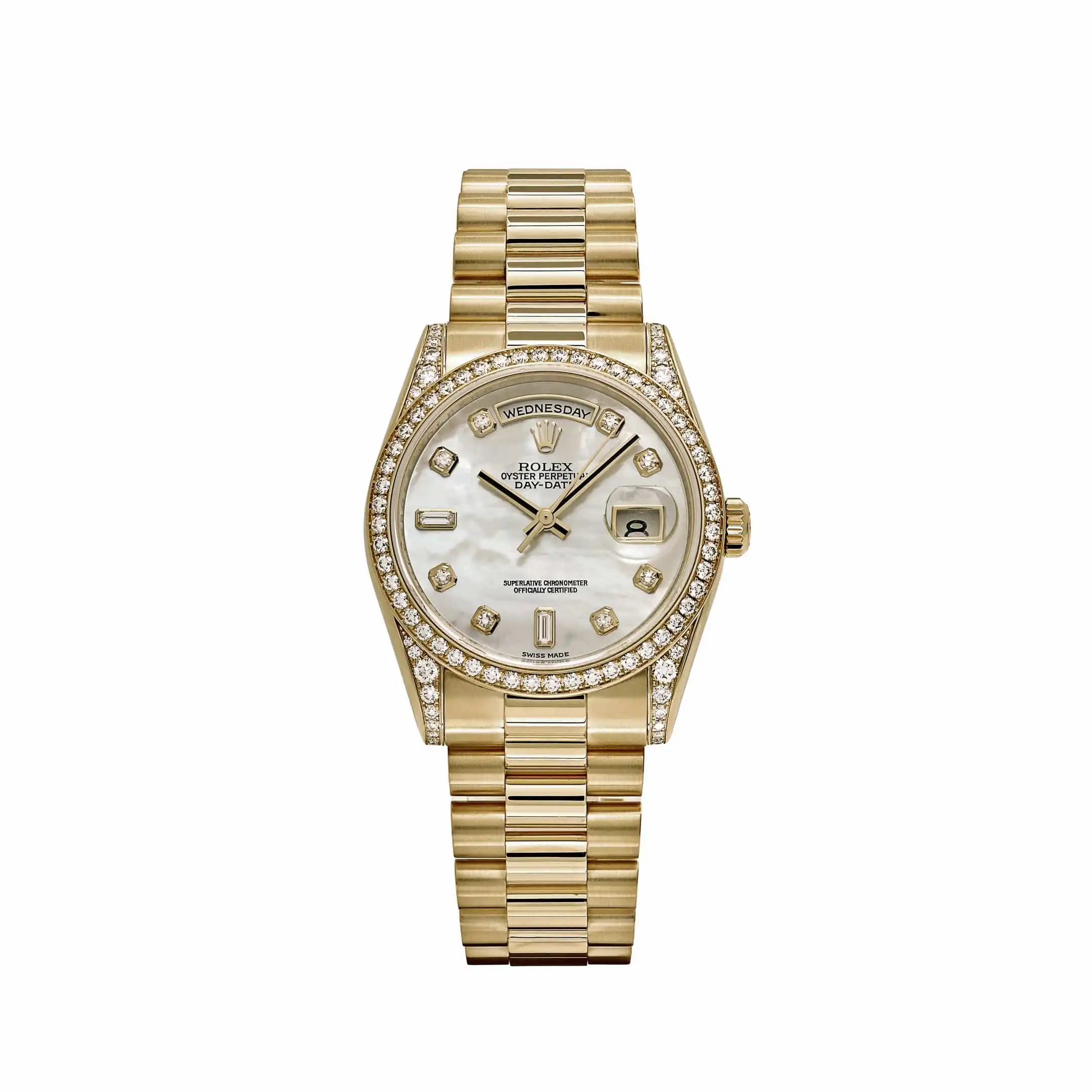 Replica Rolex Day-Date 118388 Yellow Gold White Mother of Pearl Dial Diamond Bezel