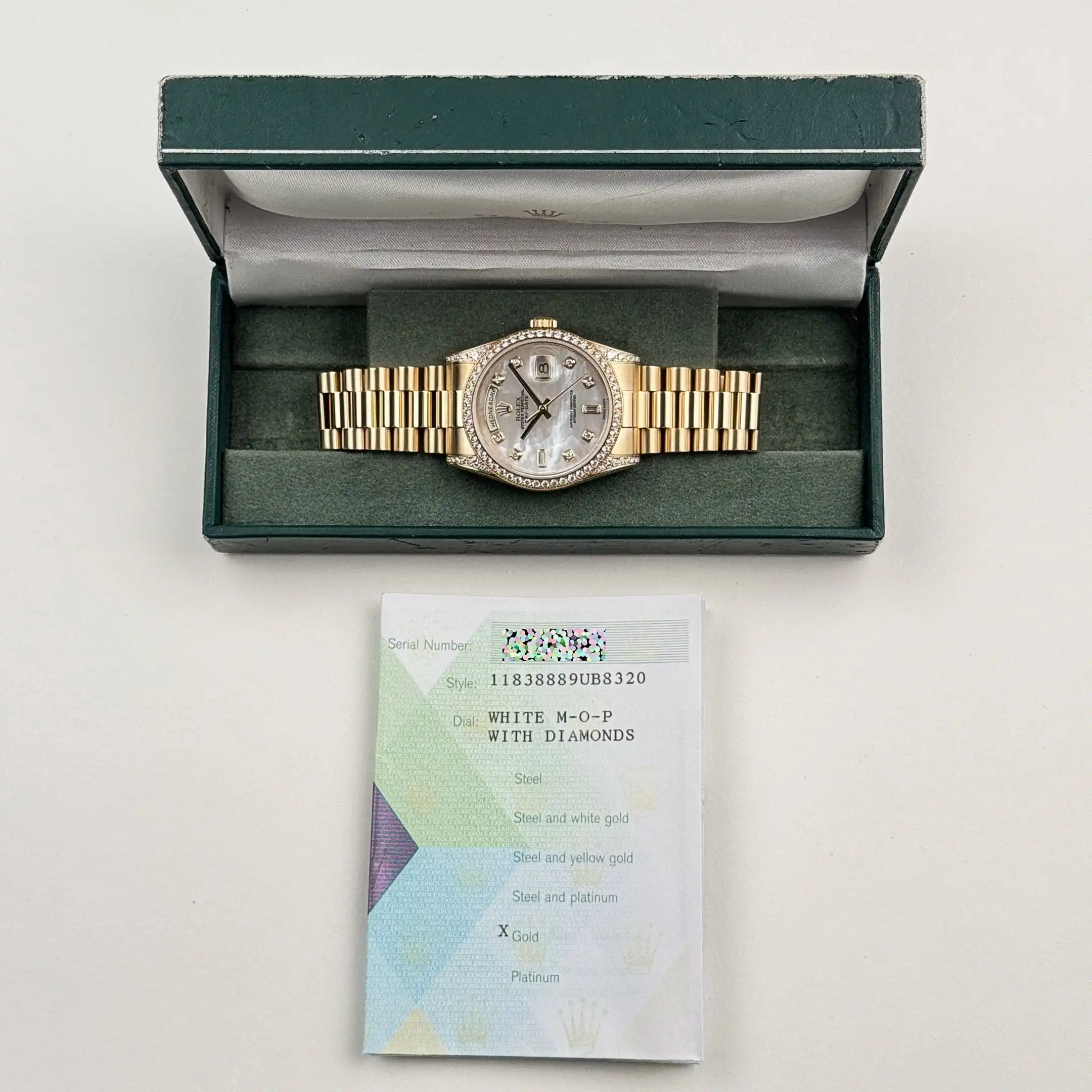 Replica Rolex Day-Date 118388 Yellow Gold White Mother of Pearl Dial Diamond Bezel - Image 13