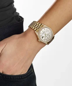 Alternative view of Replica Rolex Day-Date 118388 Yellow Gold White Mother of Pearl Dial Diamond Bezel