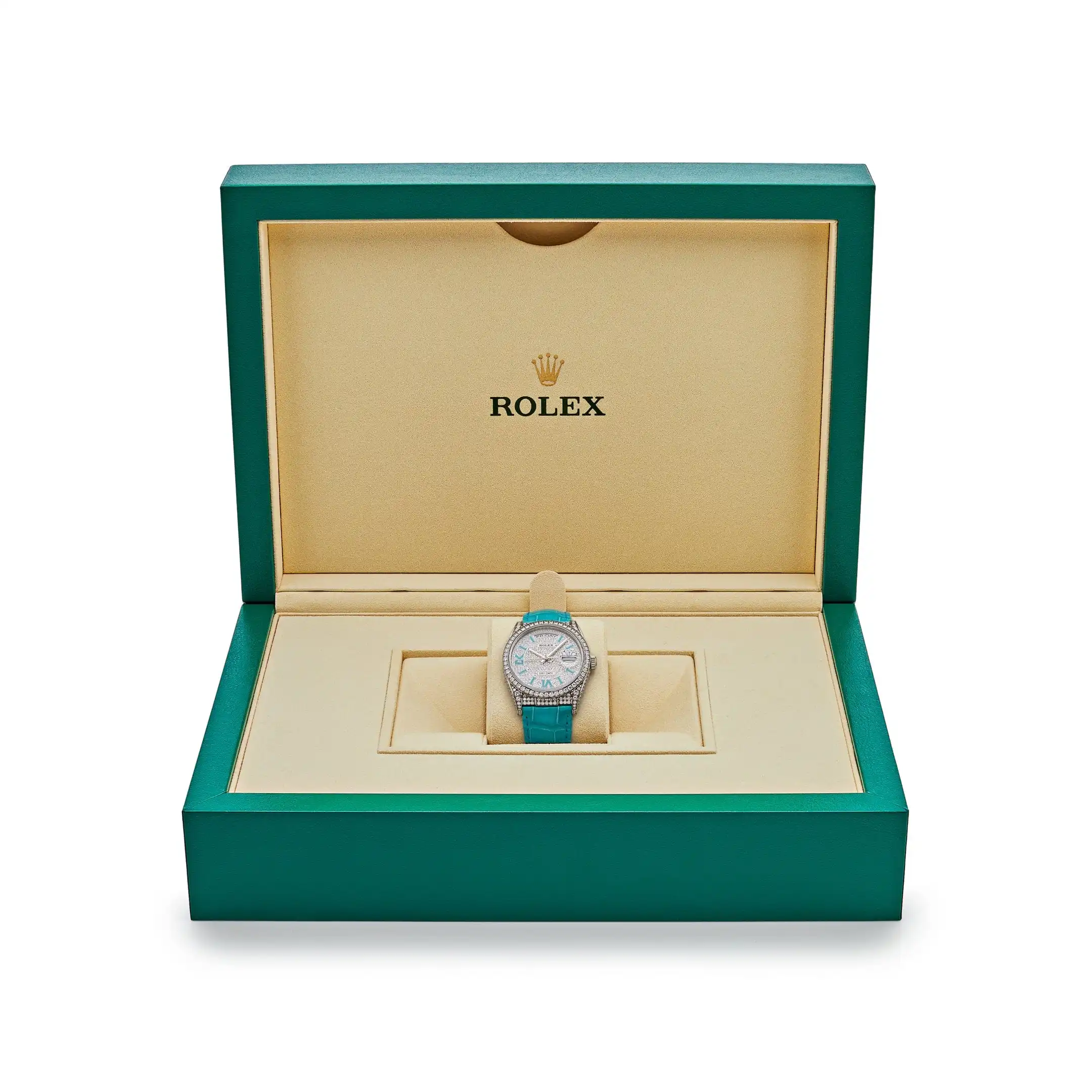 Rolex Day-Date 128159RBR White Gold Diamond Roman Dial - Image 7