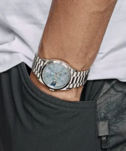 Alternative view of Replica Rolex Day-Date 128236 Platinum Ice Blue Baguette Dial