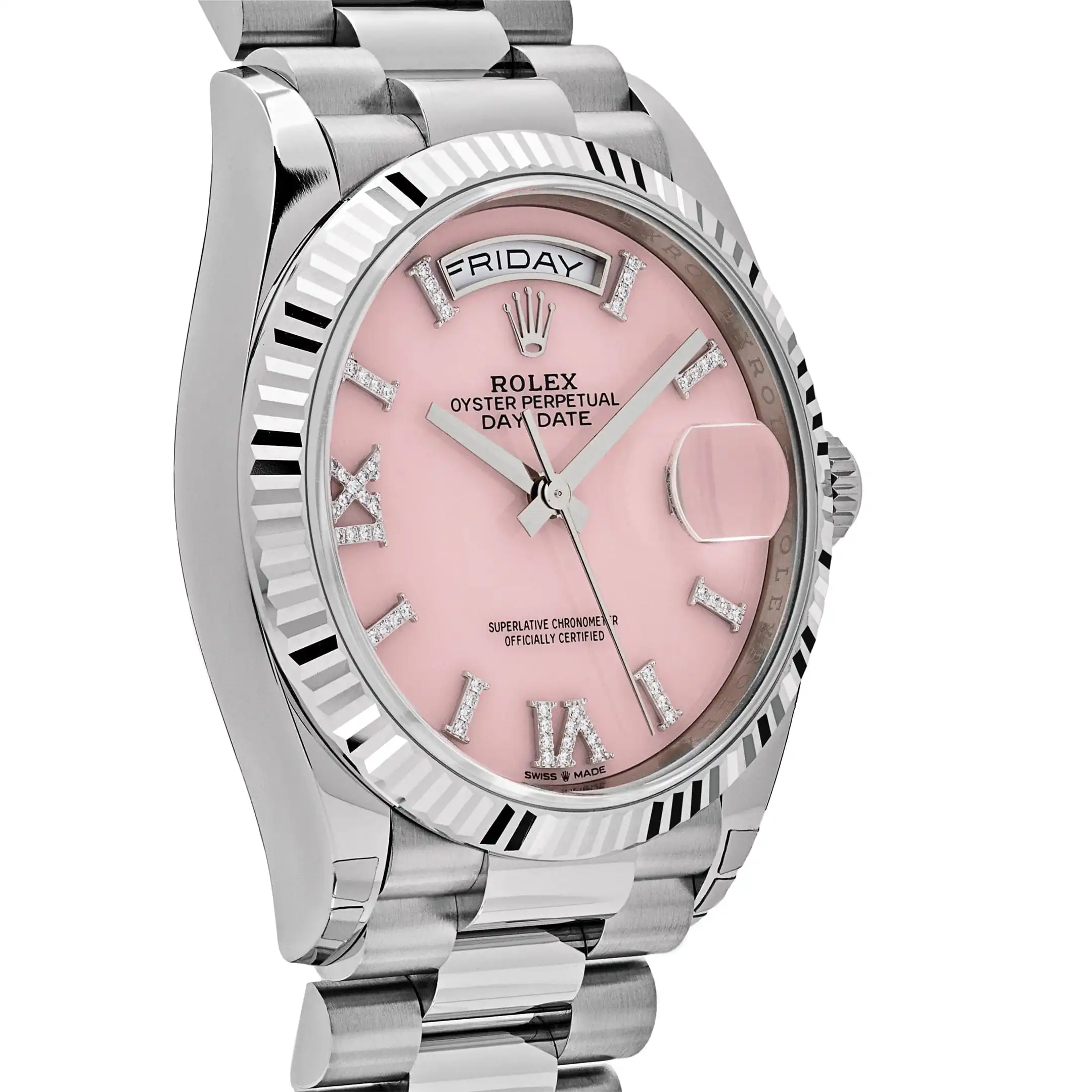 Replica Rolex Day-Date 128239 White Gold Pink Opal Diamond Roman Numerals Dial - Image 5