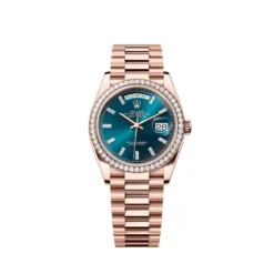 Replica Rolex Day-Date 128345RBR Rose Gold Diamond Bezel Blue-Green Baguette Marker Dial