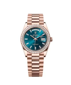 Replica Rolex Day-Date 128345RBR Rose Gold Diamond Bezel Blue-Green Baguette Marker Dial