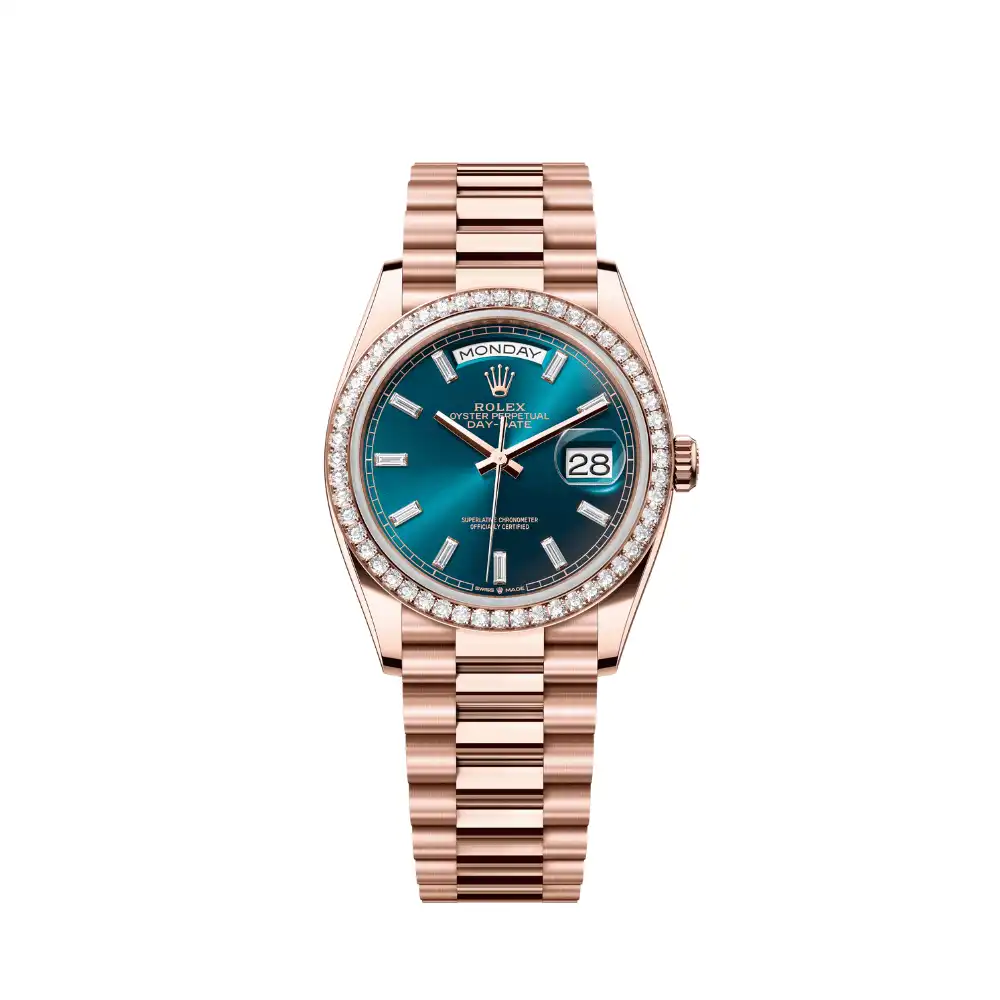 Replica Rolex Day-Date 128345RBR Rose Gold Diamond Bezel Blue-Green Baguette Marker Dial