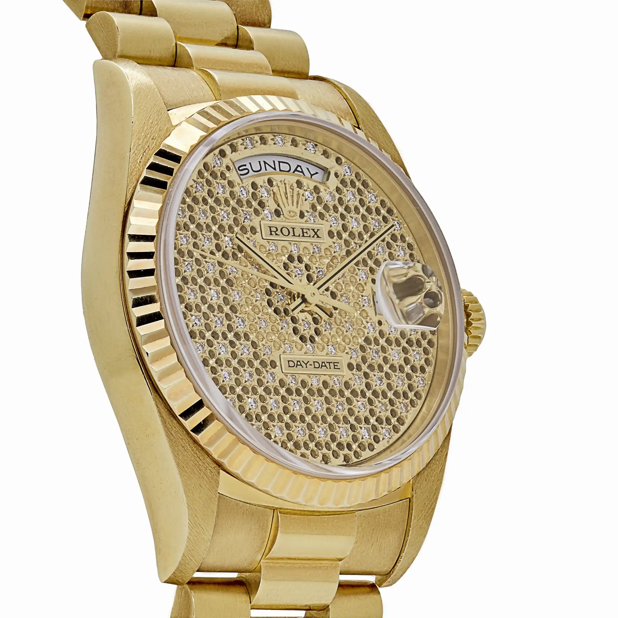 Replica Rolex Day-Date 18238 Yellow Gold Skeleton Pave Diamond Dial - Image 3