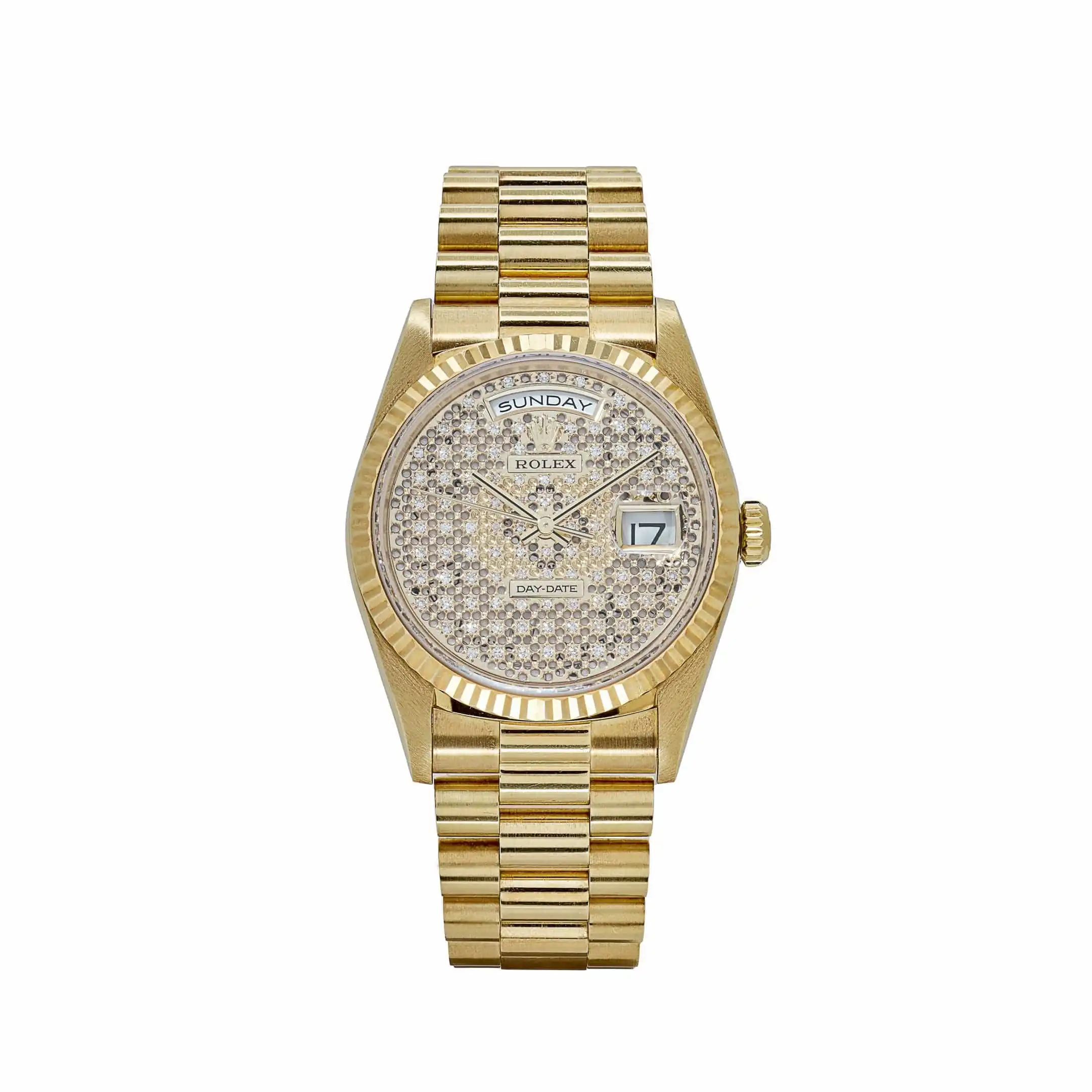 Replica Rolex Day-Date 18238 Yellow Gold Skeleton Pave Diamond Dial