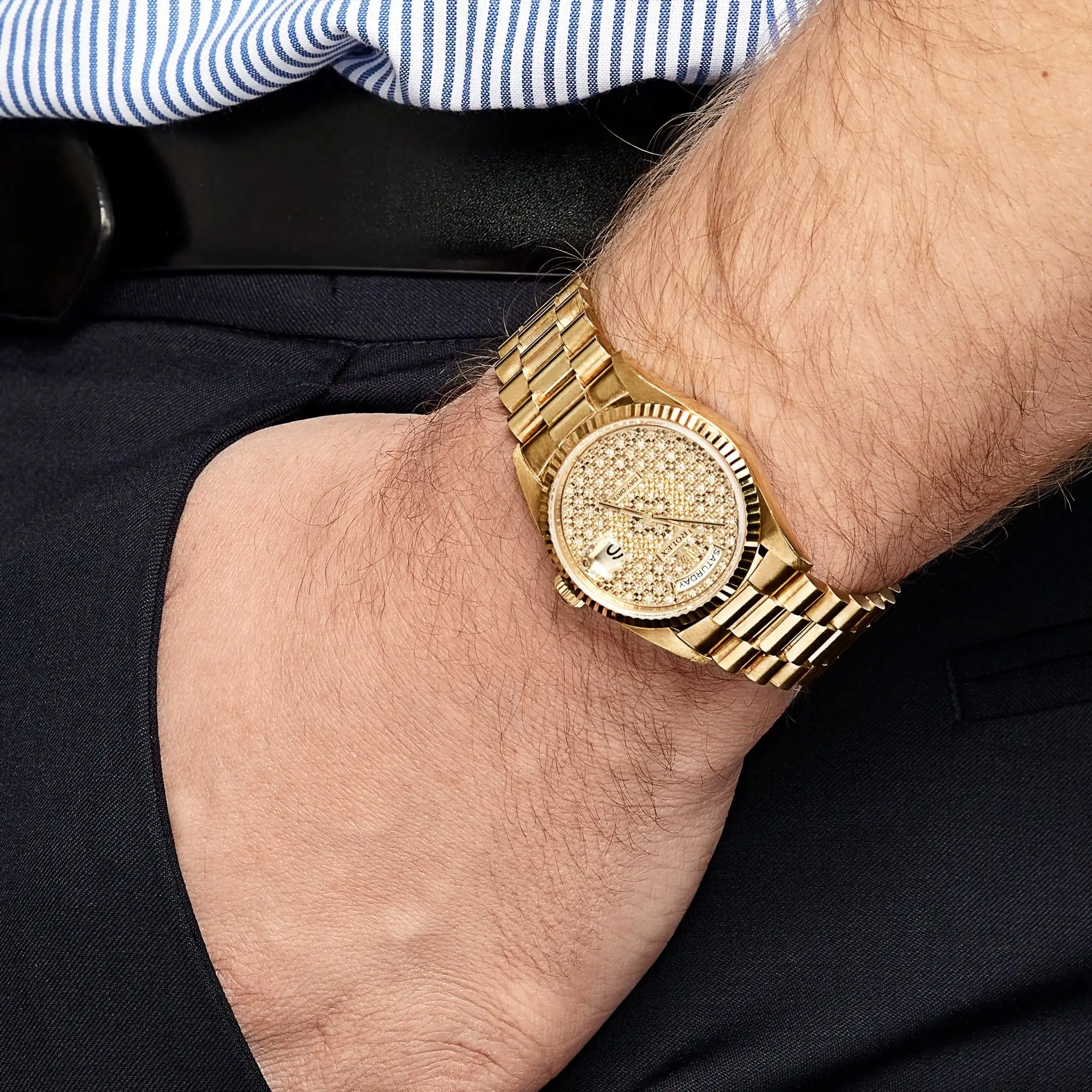Replica Rolex Day-Date 18238 Yellow Gold Skeleton Pave Diamond Dial - Image 2