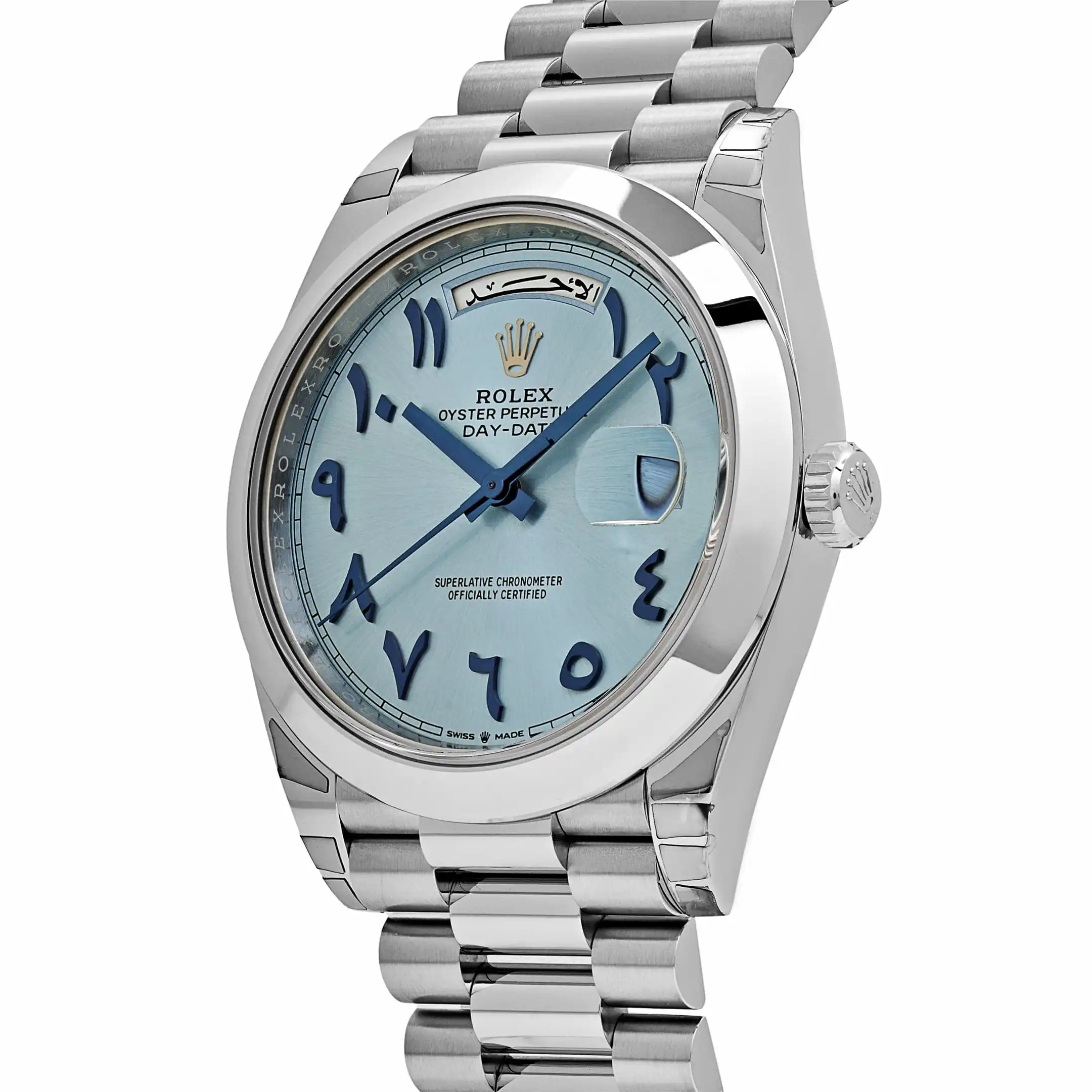 Replica Rolex Day-Date 228206 Platinum Ice Blue Arabic Dial Smooth Dial - Image 3