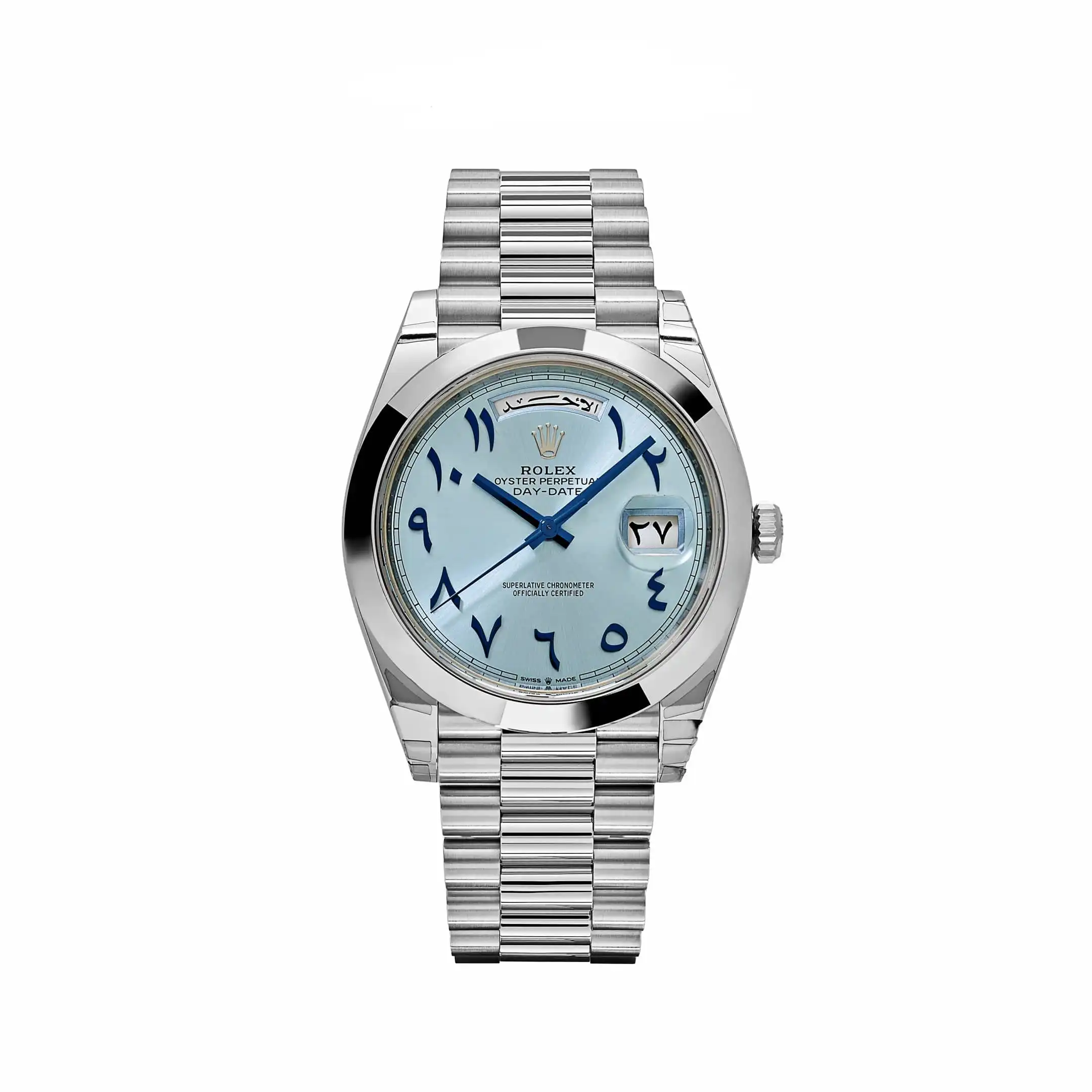 Replica Rolex Day-Date 228206 Platinum Ice Blue Arabic Dial Smooth Dial