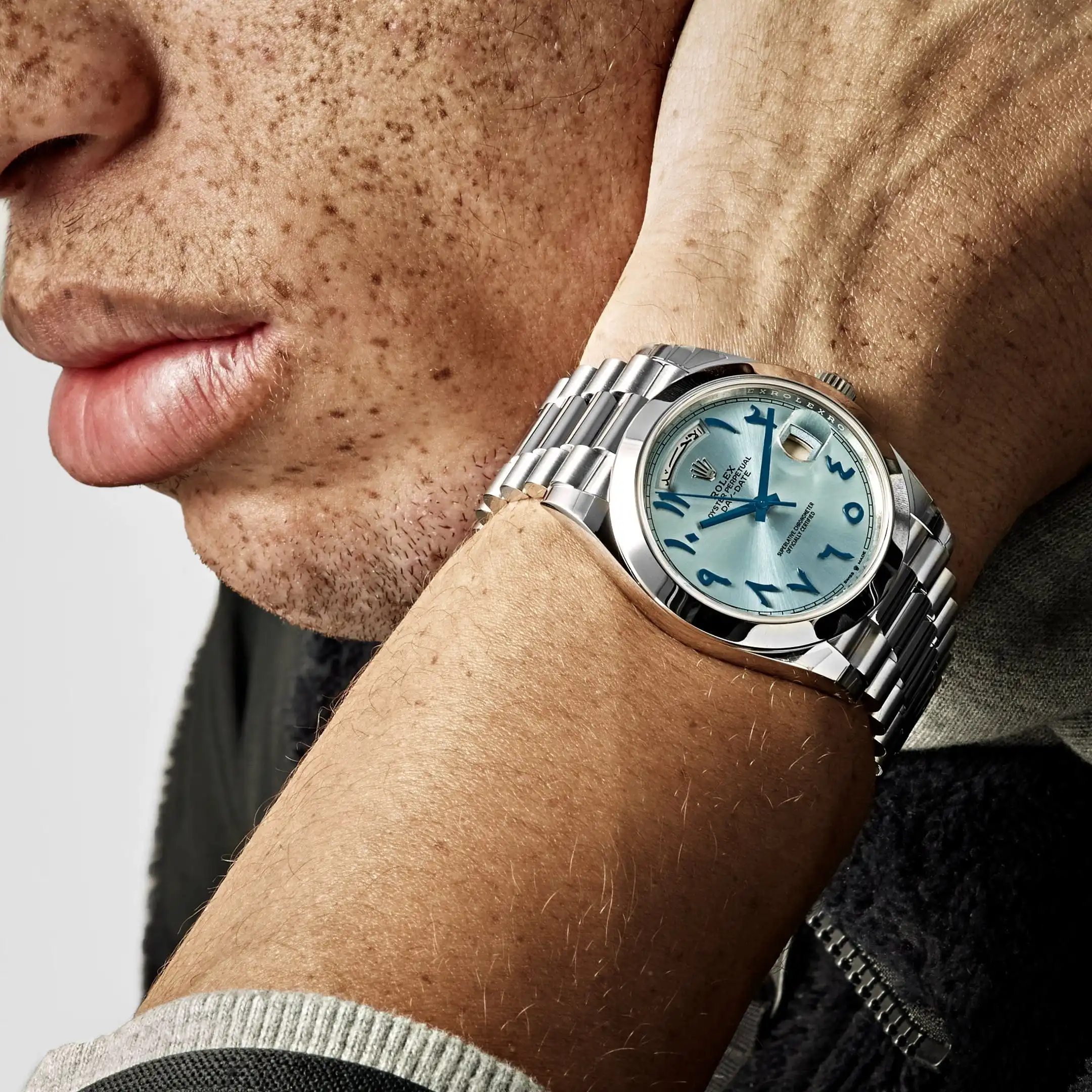 Replica Rolex Day-Date 228206 Platinum Ice Blue Arabic Dial Smooth Dial - Image 2