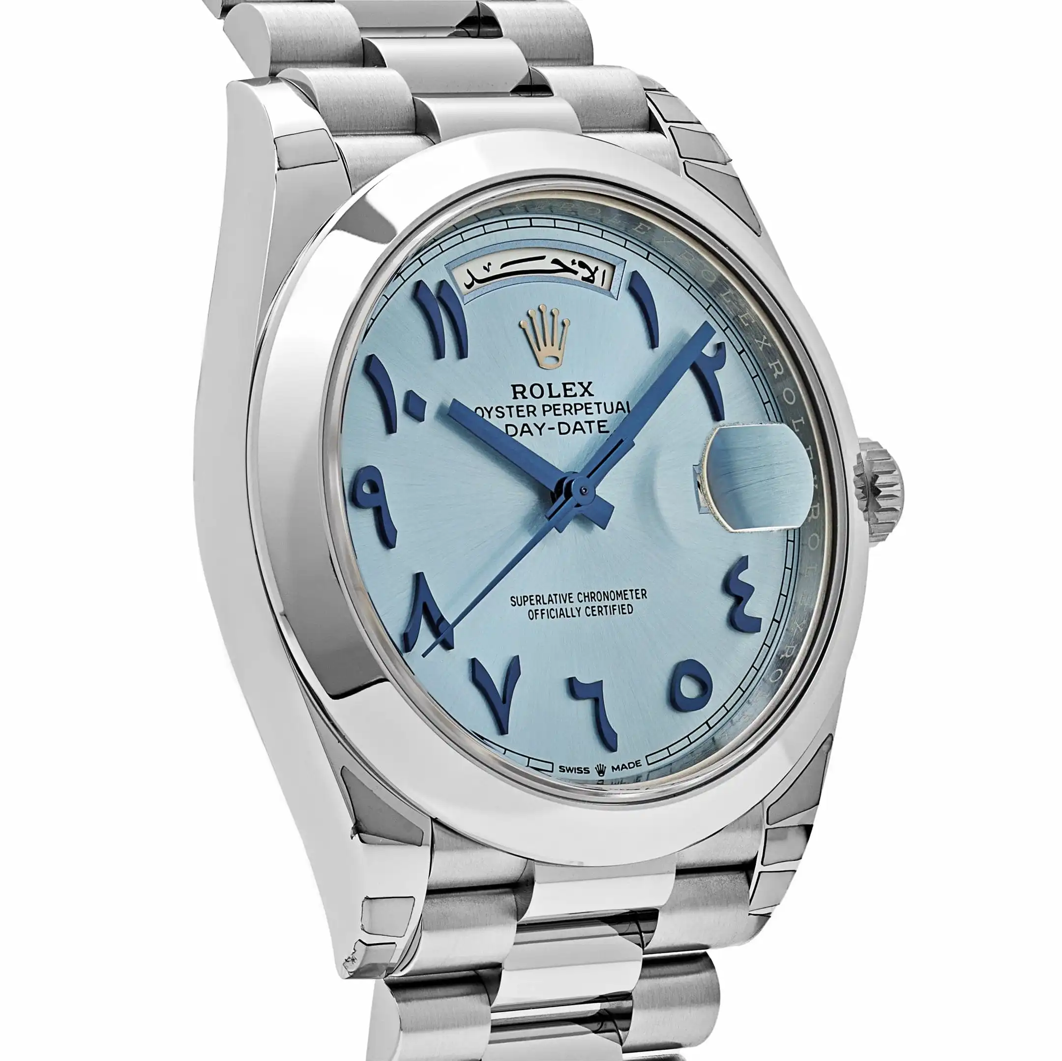 Replica Rolex Day-Date 228206 Platinum Ice Blue Arabic Dial Smooth Dial - Image 4