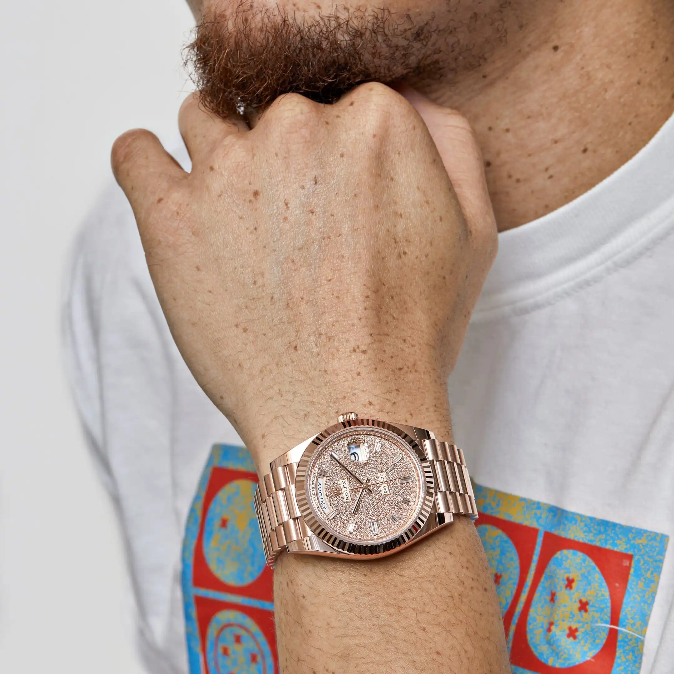 Replica Rolex Day-Date 228235 Rose Gold Baguette Diamond Paved Dial - Image 2