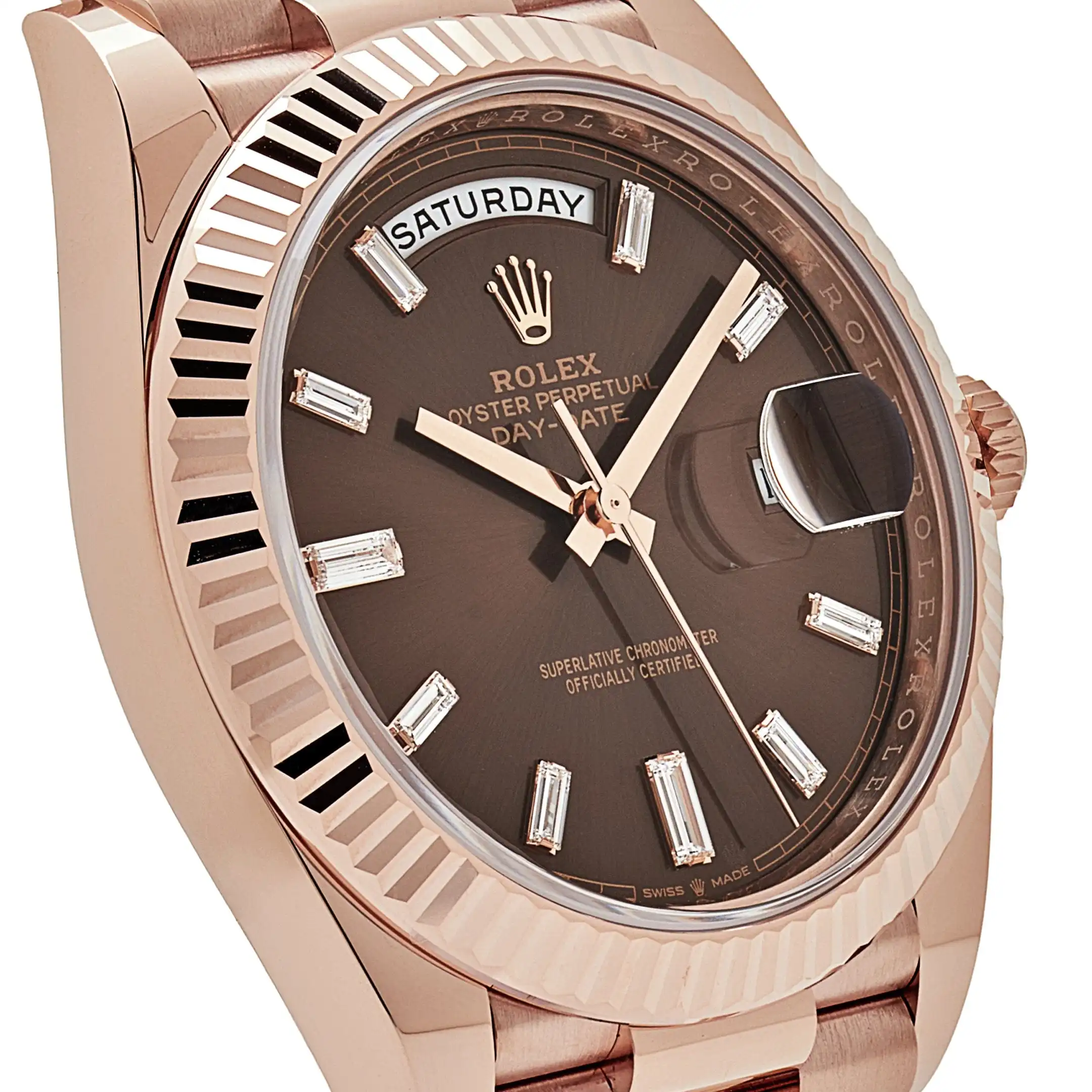 Replica Rolex Day-Date 228235 Rose Gold Chocolate Baguette Diamond Dial - Image 5