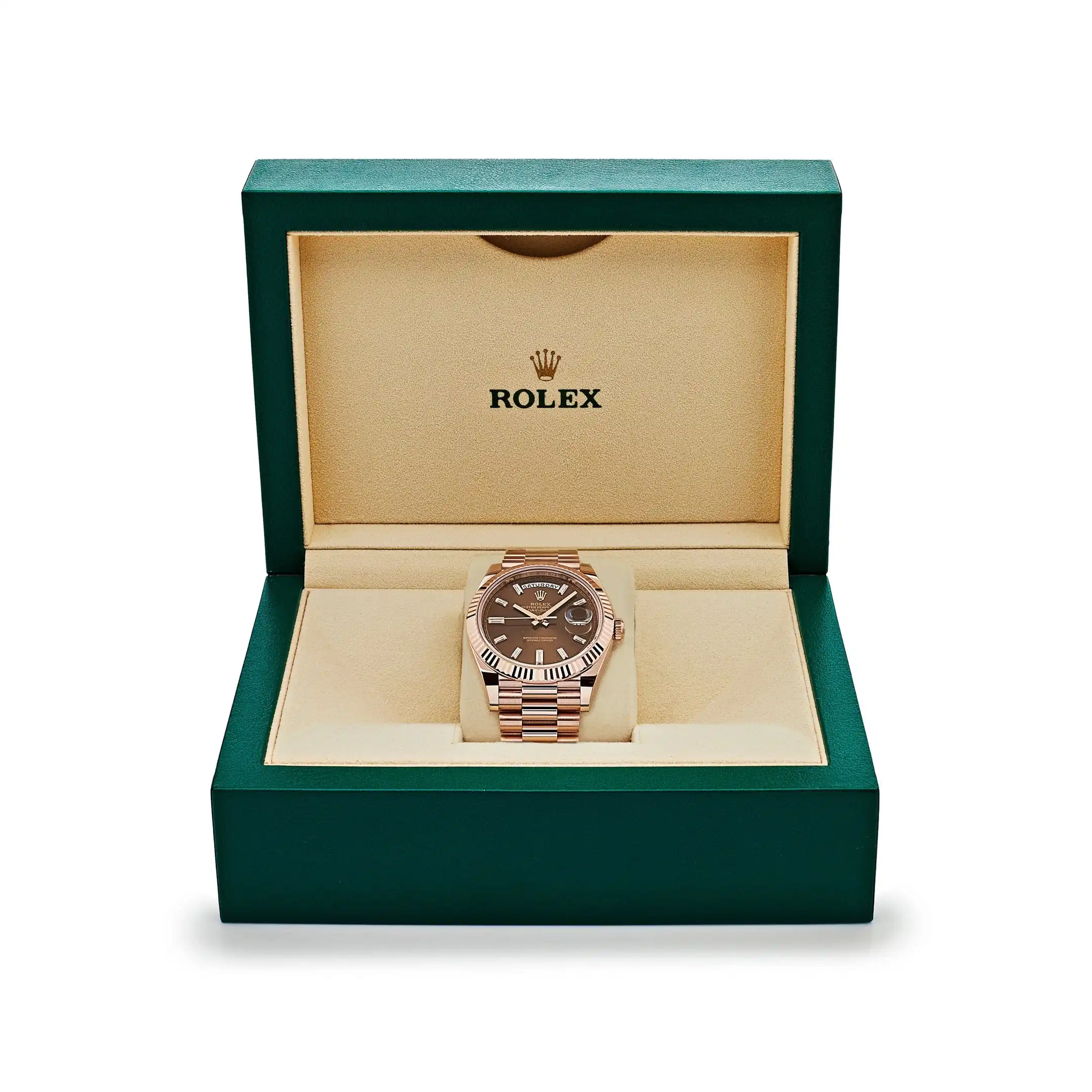 Replica Rolex Day-Date 228235 Rose Gold Chocolate Baguette Diamond Dial - Image 7