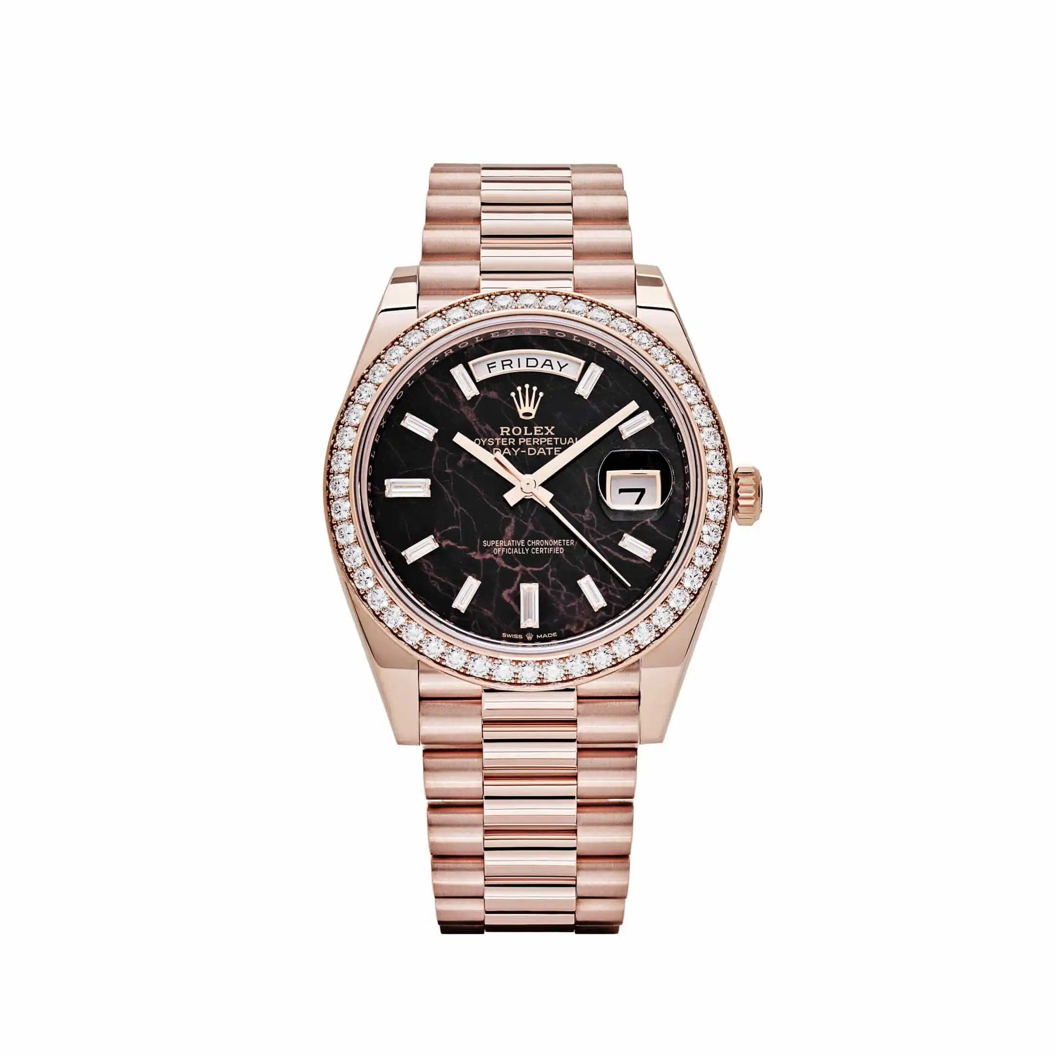 Replica Rolex Day-Date 228345RBR Rose Gold Eisenkiesel Dial Diamond Bezel