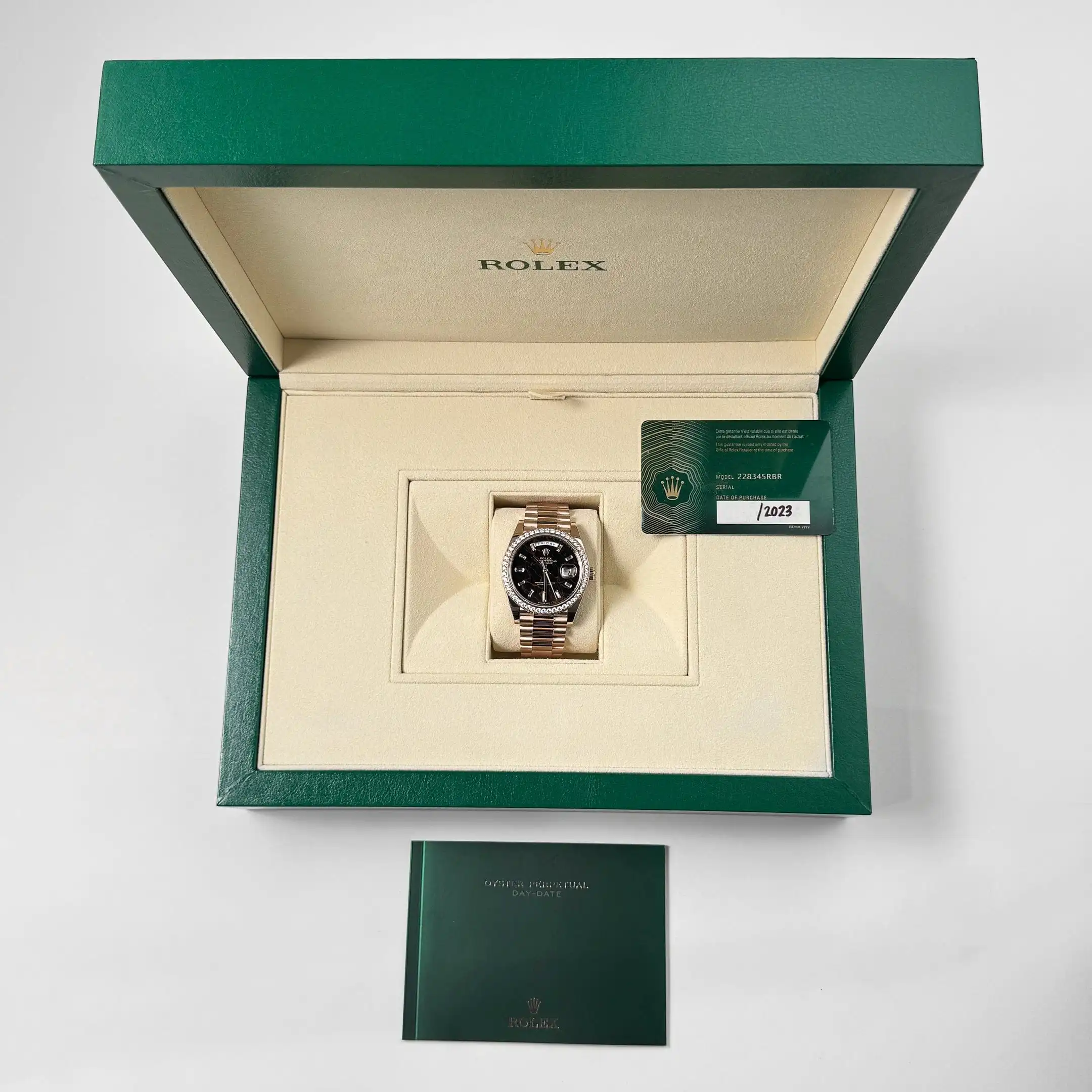 Replica Rolex Day-Date 228345RBR Rose Gold Eisenkiesel Dial Diamond Bezel - Image 12