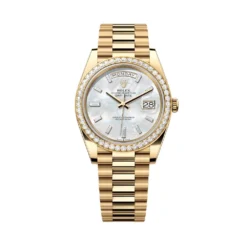 Replica Rolex Day-Date 228348RBR Yellow Gold Diamond Bezel Baguette Mother of Pearl Dial