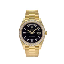 Replica Rolex Day-Date 228348RBR Yellow Gold Diamond Bezel Black Onyx Dial