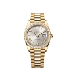 Replica Rolex Day-Date 228348RBR Yellow Gold Diamond Bezel Silver Dial