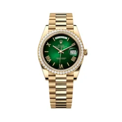 Replica Rolex Day-Date 228348RBR Yellow Gold Green Ombre Roman Numeral Dial Diamond Bezel