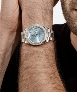 Alternative view of Replica Rolex Day-Date 228396TBR Platinum Diamond Bezel Ice Blue Diamond Dial