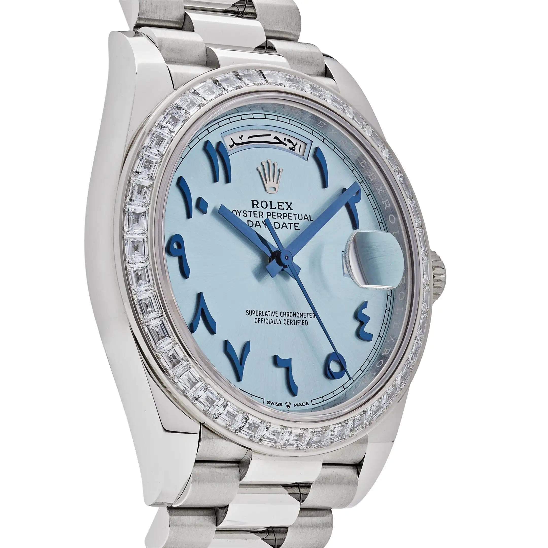 Replica Rolex Day-Date 228396TBR Platinum Ice Blue Arabic Dial Diamond Bezel - Image 4