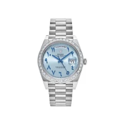 Replica Rolex Day-Date 228396TBR Platinum Ice Blue Arabic Dial Diamond Bezel