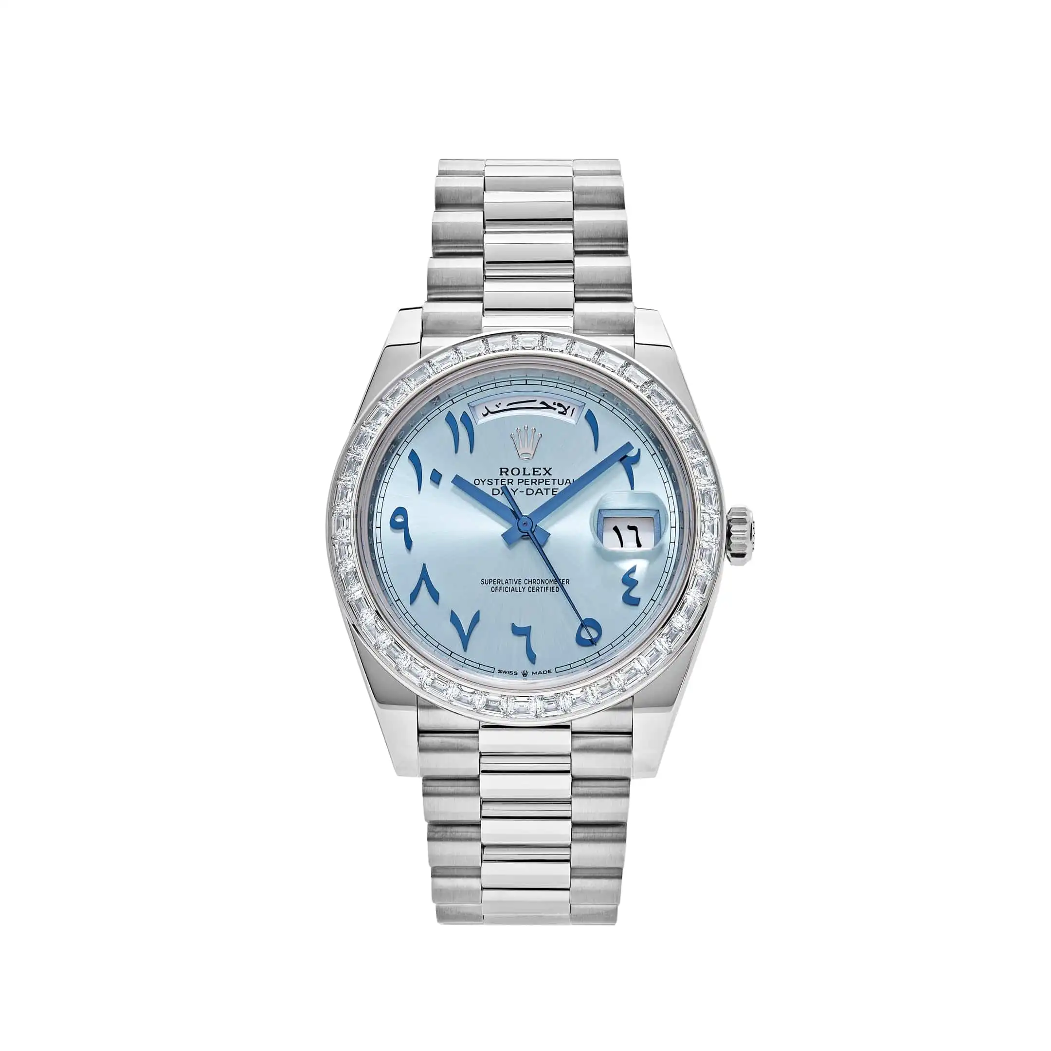 Replica Rolex Day-Date 228396TBR Platinum Ice Blue Arabic Dial Diamond Bezel