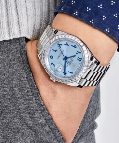 Alternative view of Replica Rolex Day-Date 228396TBR Platinum Ice Blue Arabic Dial Diamond Bezel