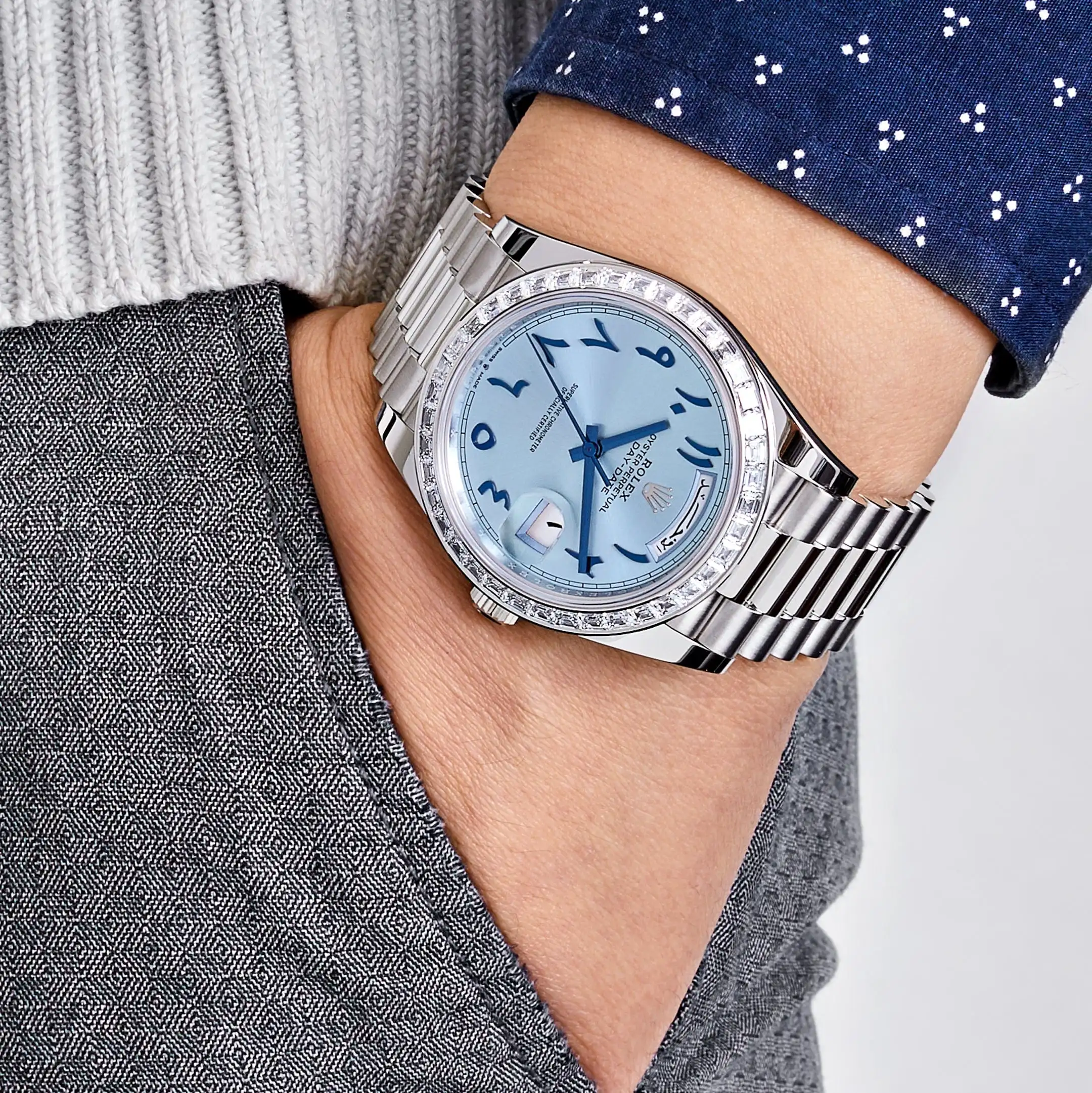 Replica Rolex Day-Date 228396TBR Platinum Ice Blue Arabic Dial Diamond Bezel - Image 2