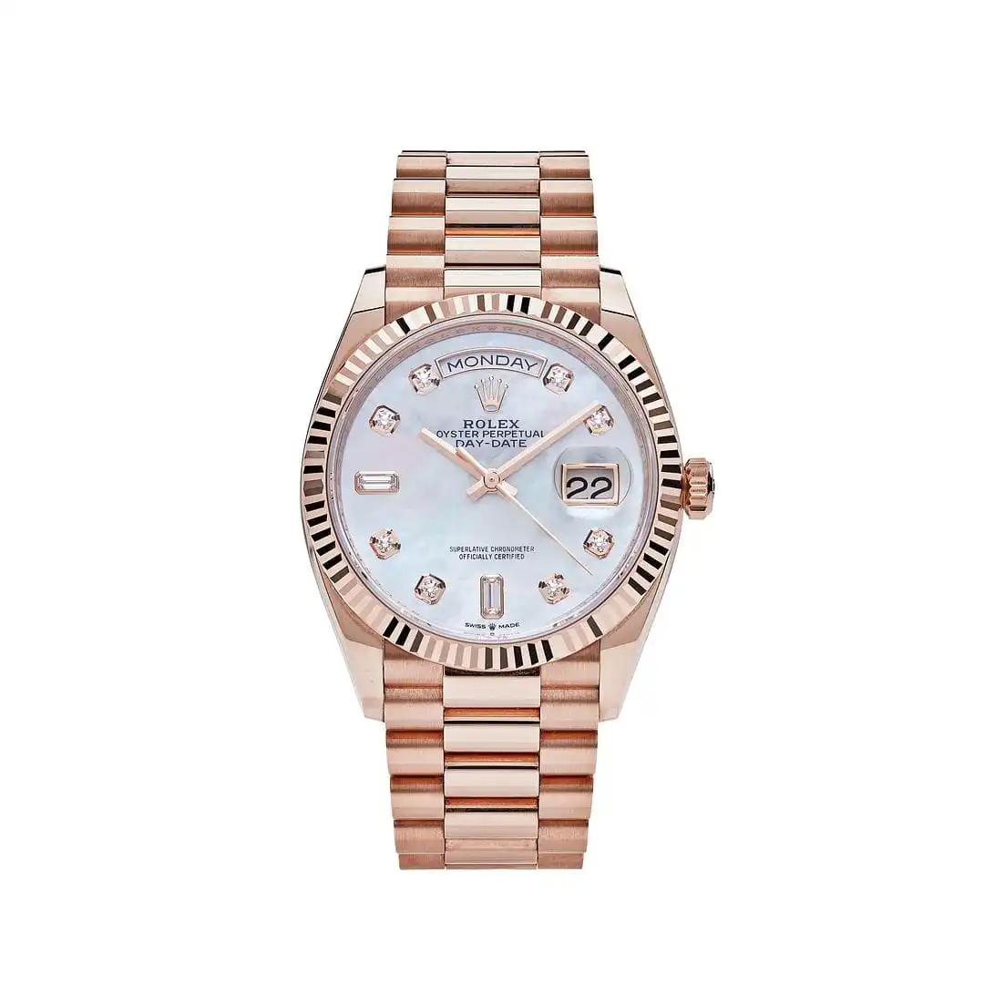 Replica Rolex Day-Date 128235 Rose Gold Mother of Pearl Diamond Dial