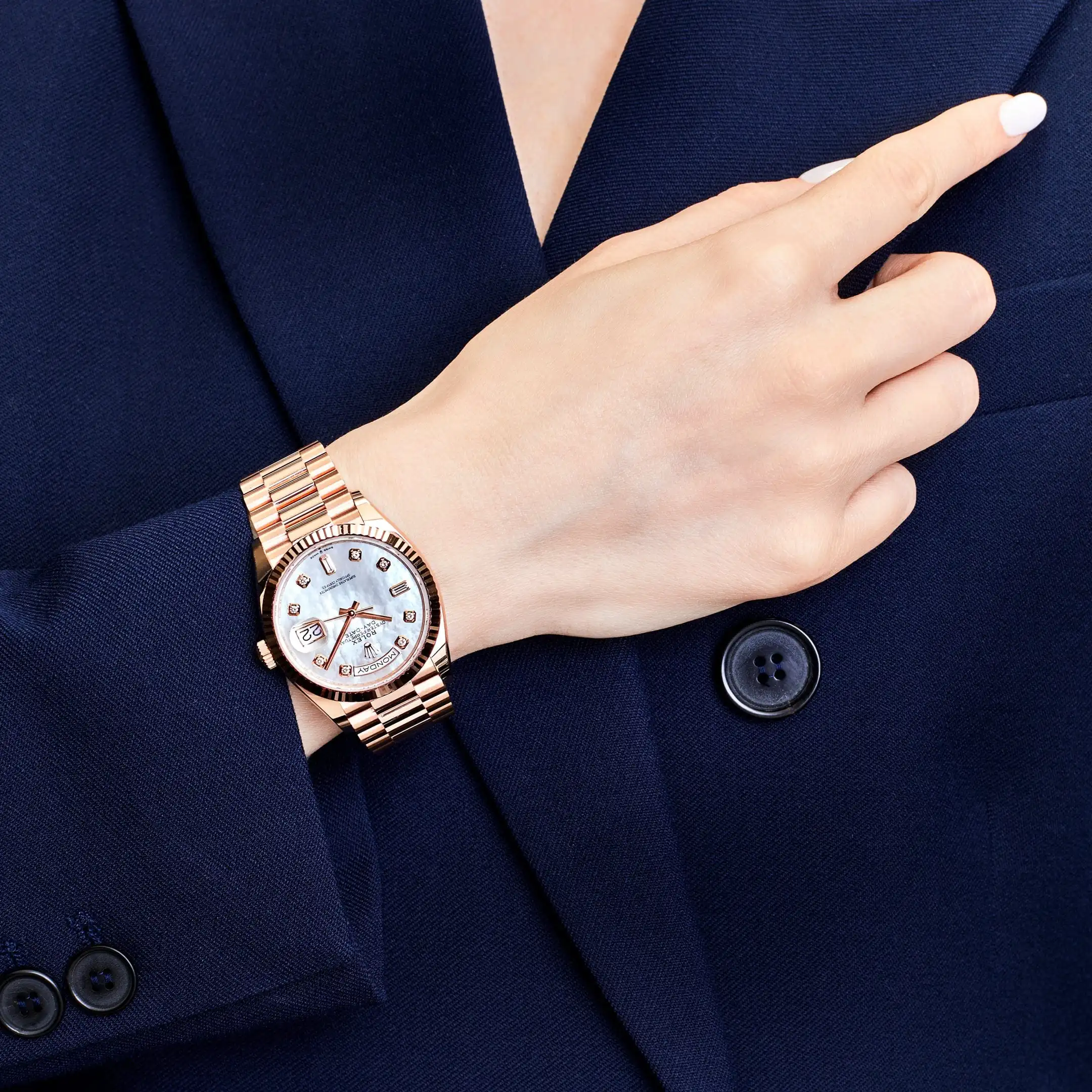 Replica Rolex Day-Date 128235 Rose Gold Mother of Pearl Diamond Dial - Image 2