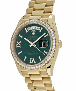 Alternative view of Replica Rolex Day-Date 128348RBR Yellow Gold Green Malachite Dial Diamond Beze